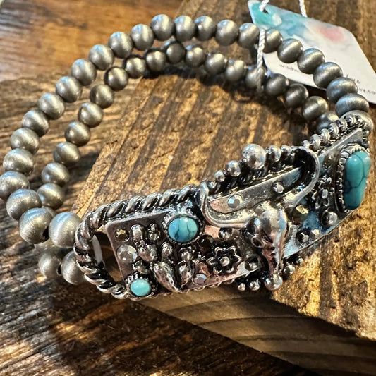Handcrafted Boho Rodeo Bracelet, Western Navajo Rhinestone Turquoise Stretch Bracelet, Gift Box - Silver Elegant