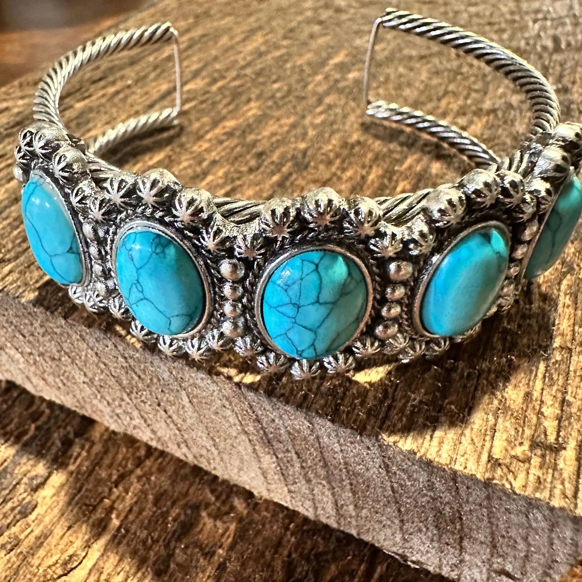 Handcrafted Boho Western 5 Oval Turquoise Stone Concho Cuff Bracelet, Gift BoxHandcrafted Boho Western 5 Oval Turquoise Stone Concho Cuff Bracelet, Gift Box - Premium boho bracelet from Sophia Collection - Just $29! Shop now at Silver Elegant