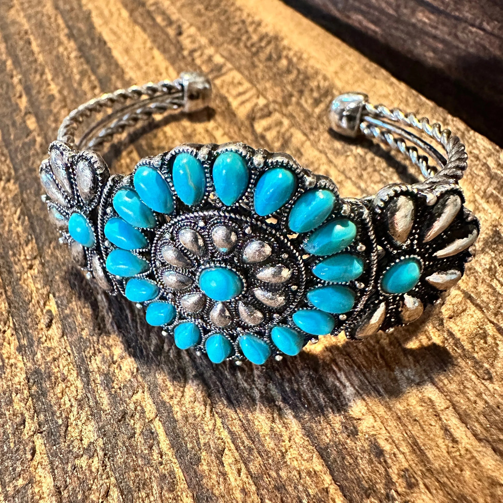 Handcrafted Western Boho Bangle, Flower Turquoise Stone Open Bangle, Gift BoxHandcrafted Western Boho Bangle, Flower Turquoise Stone Open Bangle, Gift Box - Premium boho bracelet from Lunar Deer - Just $29! Shop now at Silver Elegant