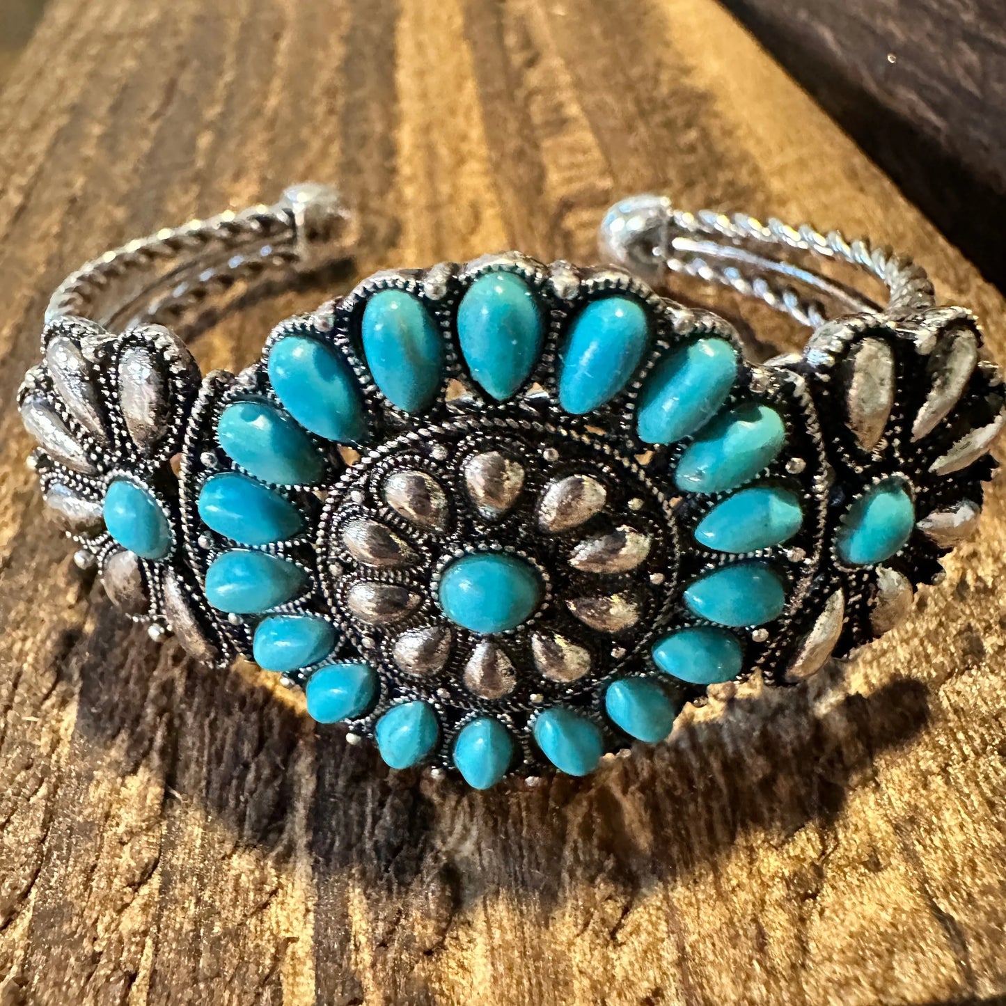 Handcrafted Western Boho Bangle, Flower Turquoise Stone Open Bangle, Gift BoxHandcrafted Western Boho Bangle, Flower Turquoise Stone Open Bangle, Gift Box - Premium boho bracelet from Lunar Deer - Just $29! Shop now at Silver Elegant