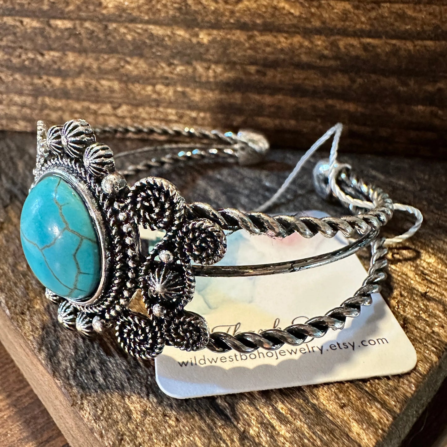 Handcrafted Boho Hippie Bangle, Western Turquoise Stone Floral Open Bangle, Gift BoxHandcrafted Boho Hippie Bangle, Western Turquoise Stone Floral Open Bangle, Gift Box - Premium boho bracelet from Lunar Deer - Just $29! Shop now at Silver Elegant