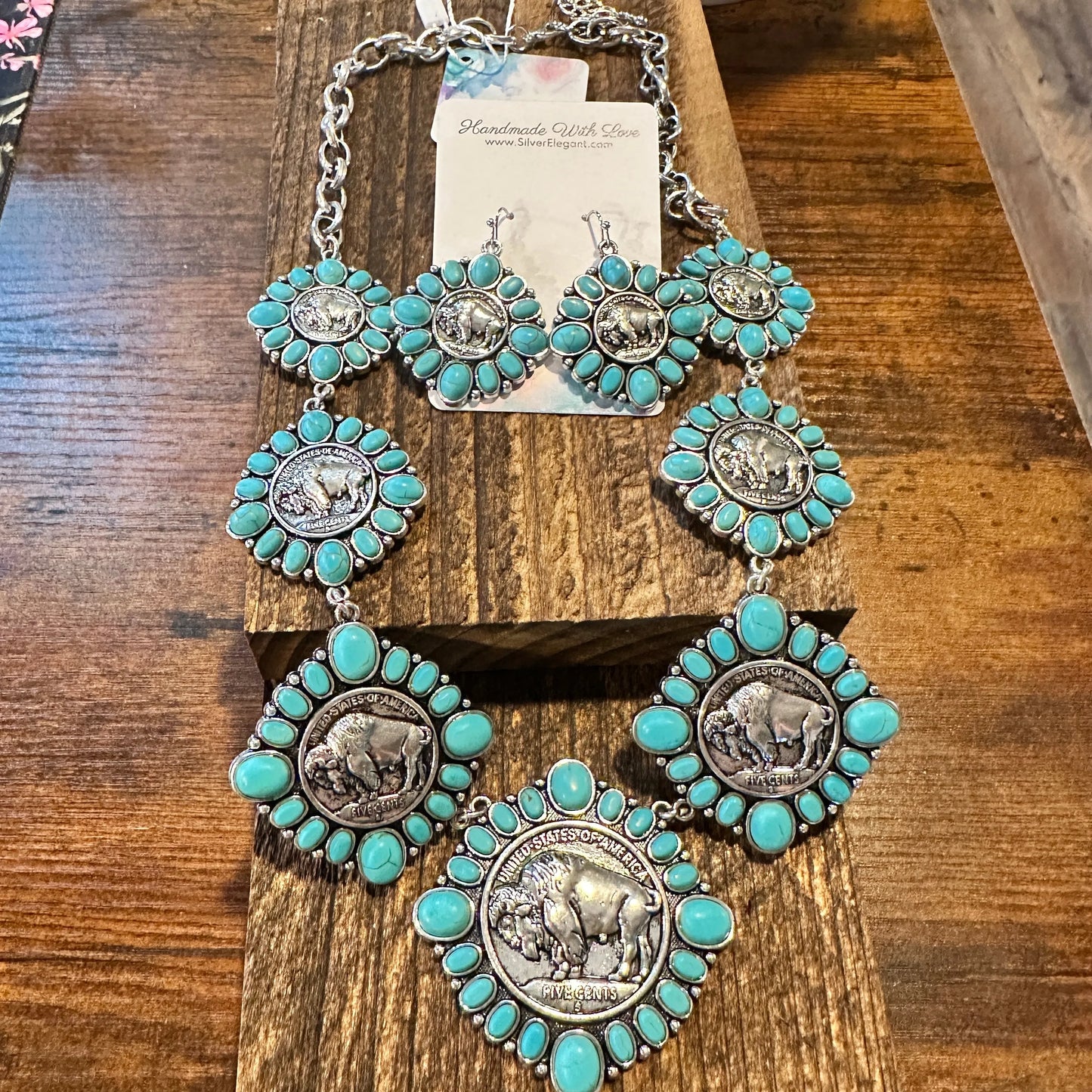 Boho Western Buffalo Coin Cowboy Turquoise Adjustable Necklace/Drop Earring Set, Gift BoxBoho Western Buffalo Coin Cowboy Turquoise Adjustable Necklace/Drop Earring Set, Gift Box - Premium Pendant Necklace from Silver Elegant - Just $42! Shop now at Silver Elegant