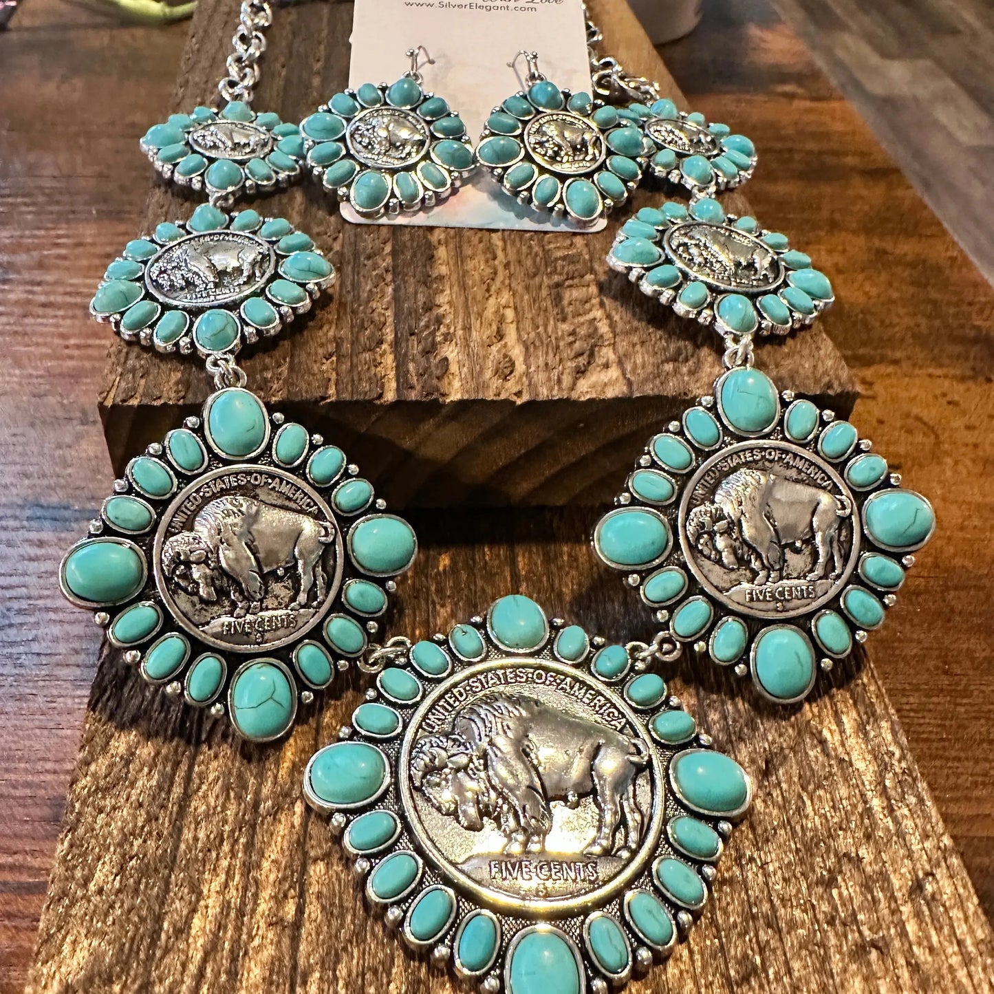 Boho Western Buffalo Coin Cowboy Turquoise Adjustable Necklace/Drop Earring Set, Gift BoxBoho Western Buffalo Coin Cowboy Turquoise Adjustable Necklace/Drop Earring Set, Gift Box - Premium Pendant Necklace from Silver Elegant - Just $42! Shop now at Silver Elegant