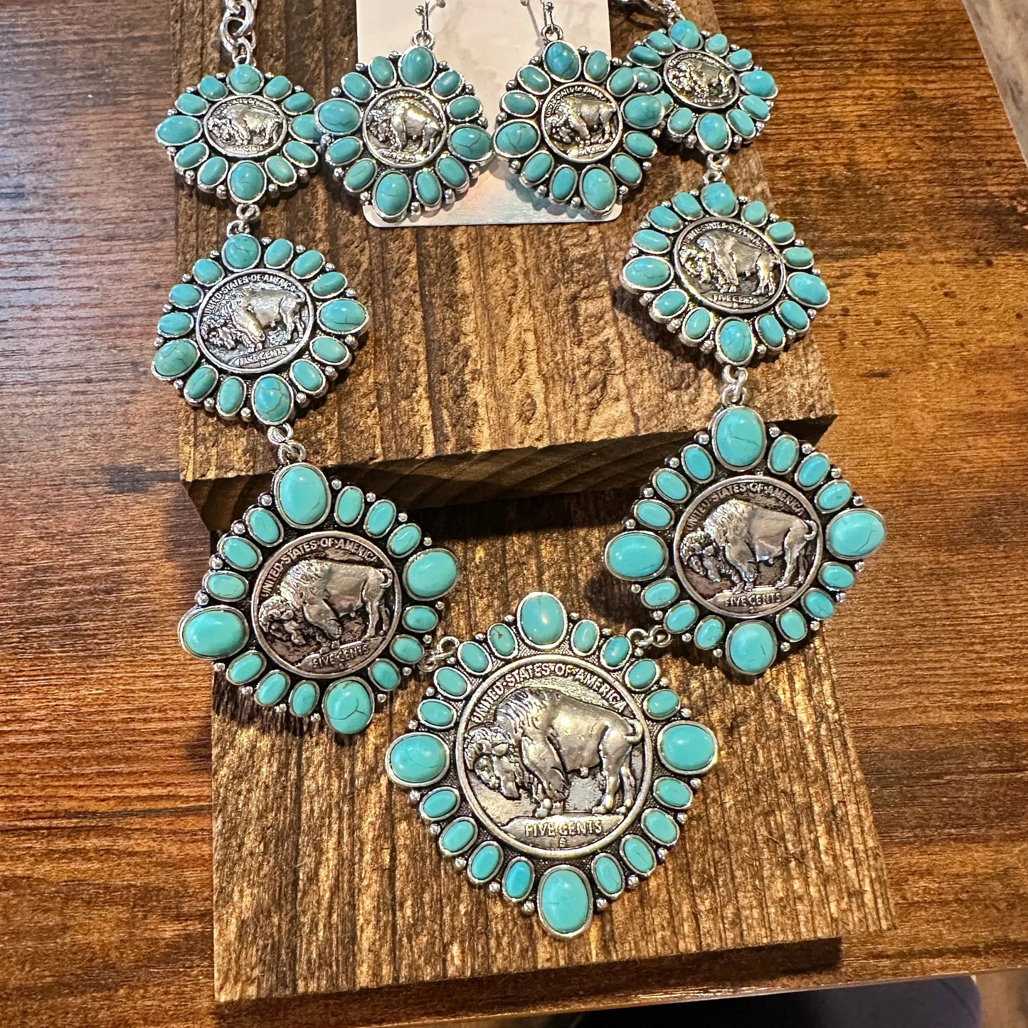 Boho Western Buffalo Coin Cowboy Turquoise Adjustable Necklace/Drop Earring Set, Gift BoxBoho Western Buffalo Coin Cowboy Turquoise Adjustable Necklace/Drop Earring Set, Gift Box - Premium Pendant Necklace from Silver Elegant - Just $42! Shop now at Silver Elegant