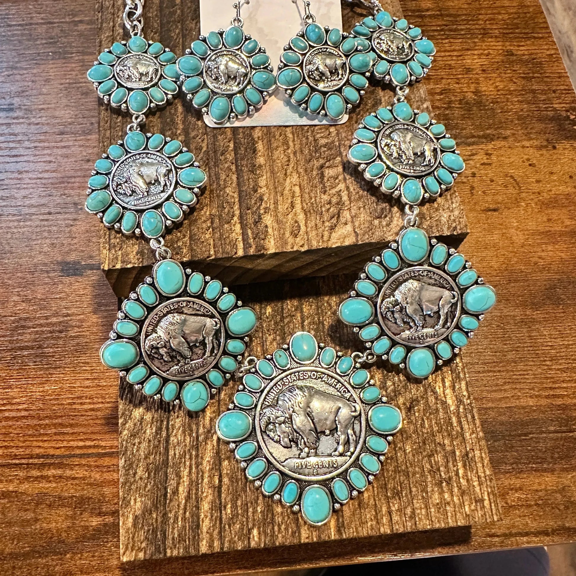 Boho Western Buffalo Coin Cowboy Turquoise Adjustable Necklace/Drop Earring Set, Gift BoxBoho Western Buffalo Coin Cowboy Turquoise Adjustable Necklace/Drop Earring Set, Gift Box - Premium Pendant Necklace from Silver Elegant - Just $42! Shop now at Silver Elegant