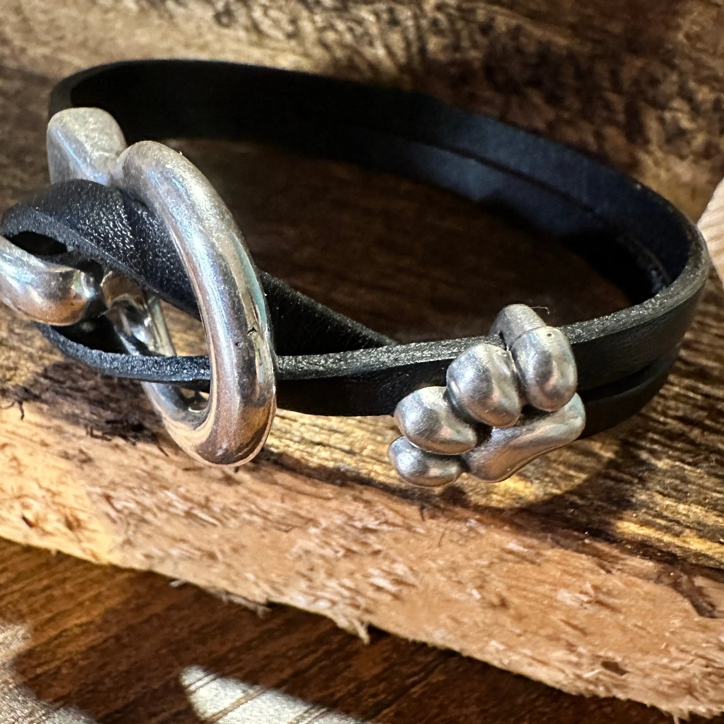 Boho Hippie Black Leather Pet Paw Circle Buckle Cuff Bracelet, Double Wrap, Gift Box - Silver Elegant