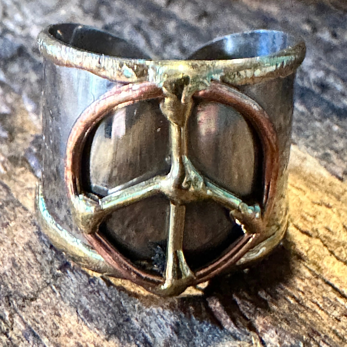 Handmade Artesian Hippie Silver & Copper Peace Sign Wide Cuff Ring, Gift BoxHandmade Artesian Hippie Silver & Copper Peace Sign Wide Cuff Ring, Gift Box - Premium hippie jewelry from Silver Elegant - Just $19! Shop now at Silver Elegant