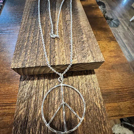 Handmade Artesian Hippie Silver Plated Peace Sign Necklace Chain, Gift Box - Silver Elegant