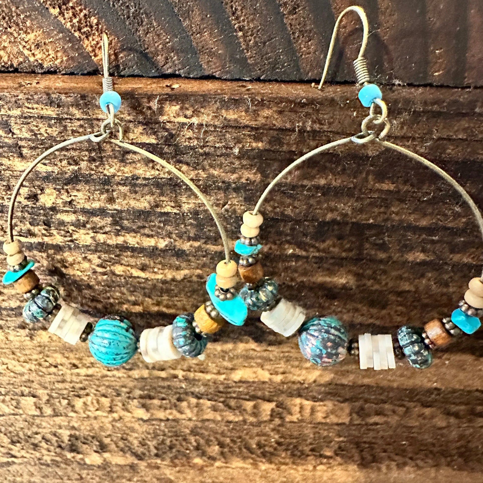 Handmade Western Hippie Copper Wire Turquoise Wooden Beads Drop Earrings, Gift BoxHandmade Western Hippie Copper Wire Turquoise Wooden Beads Drop Earrings, Gift Box - Premium Boho Drop Earring from Silver Elegant - Just $19! Shop now at Silver Elegant