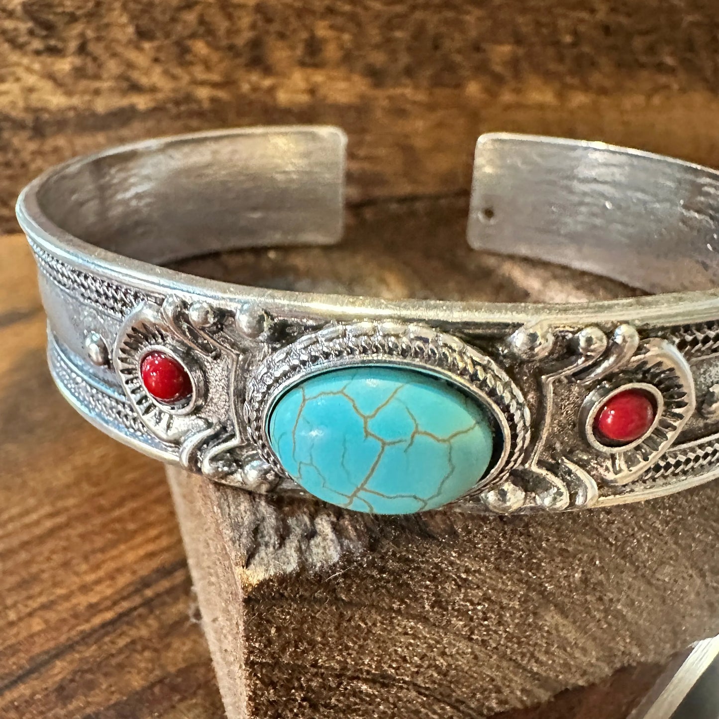 Handcrafted Boho Western Chic Turquoise & Coral Stone Open Cuff Bangle, Adjustable, Gift BoxHandcrafted Boho Western Chic Turquoise & Coral Stone Open Cuff Bangle, Adjustable, Gift Box - Premium boho bracelet from Silver Elegant - Just $22! Shop now at Silver Elegant