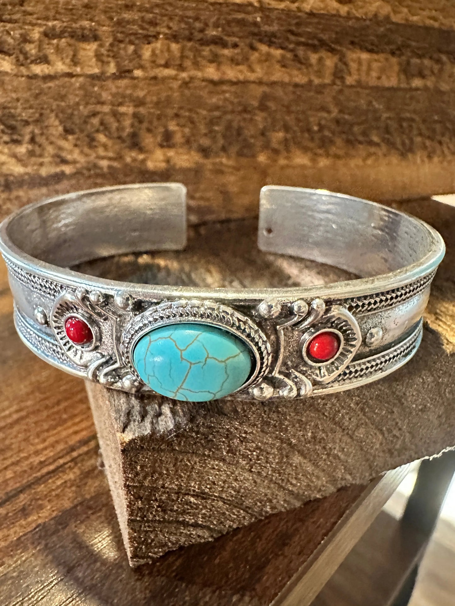 Handcrafted Boho Western Chic Turquoise & Coral Stone Open Cuff Bangle, Adjustable, Gift BoxHandcrafted Boho Western Chic Turquoise & Coral Stone Open Cuff Bangle, Adjustable, Gift Box - Premium boho bracelet from Silver Elegant - Just $22! Shop now at Silver Elegant