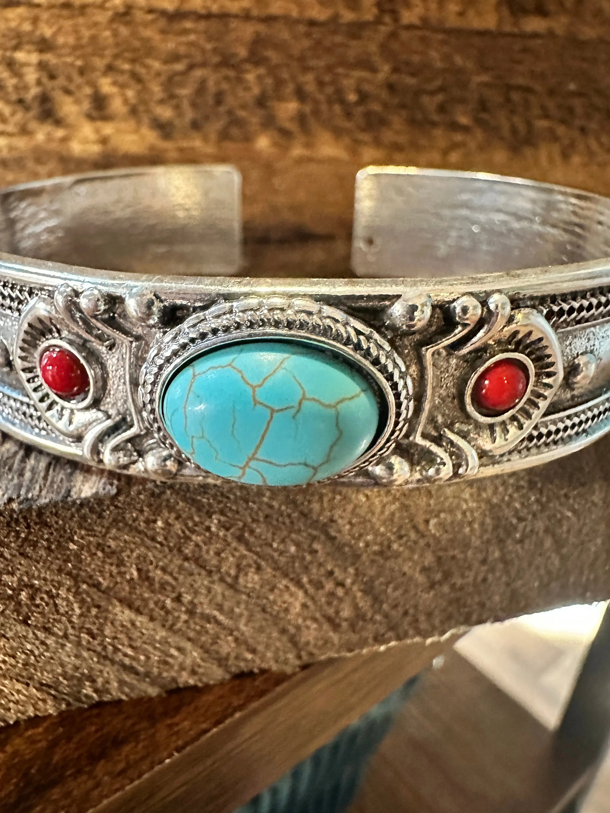 Handcrafted Boho Western Chic Turquoise & Coral Stone Open Cuff Bangle, Adjustable, Gift BoxHandcrafted Boho Western Chic Turquoise & Coral Stone Open Cuff Bangle, Adjustable, Gift Box - Premium boho bracelet from Silver Elegant - Just $22! Shop now at Silver Elegant