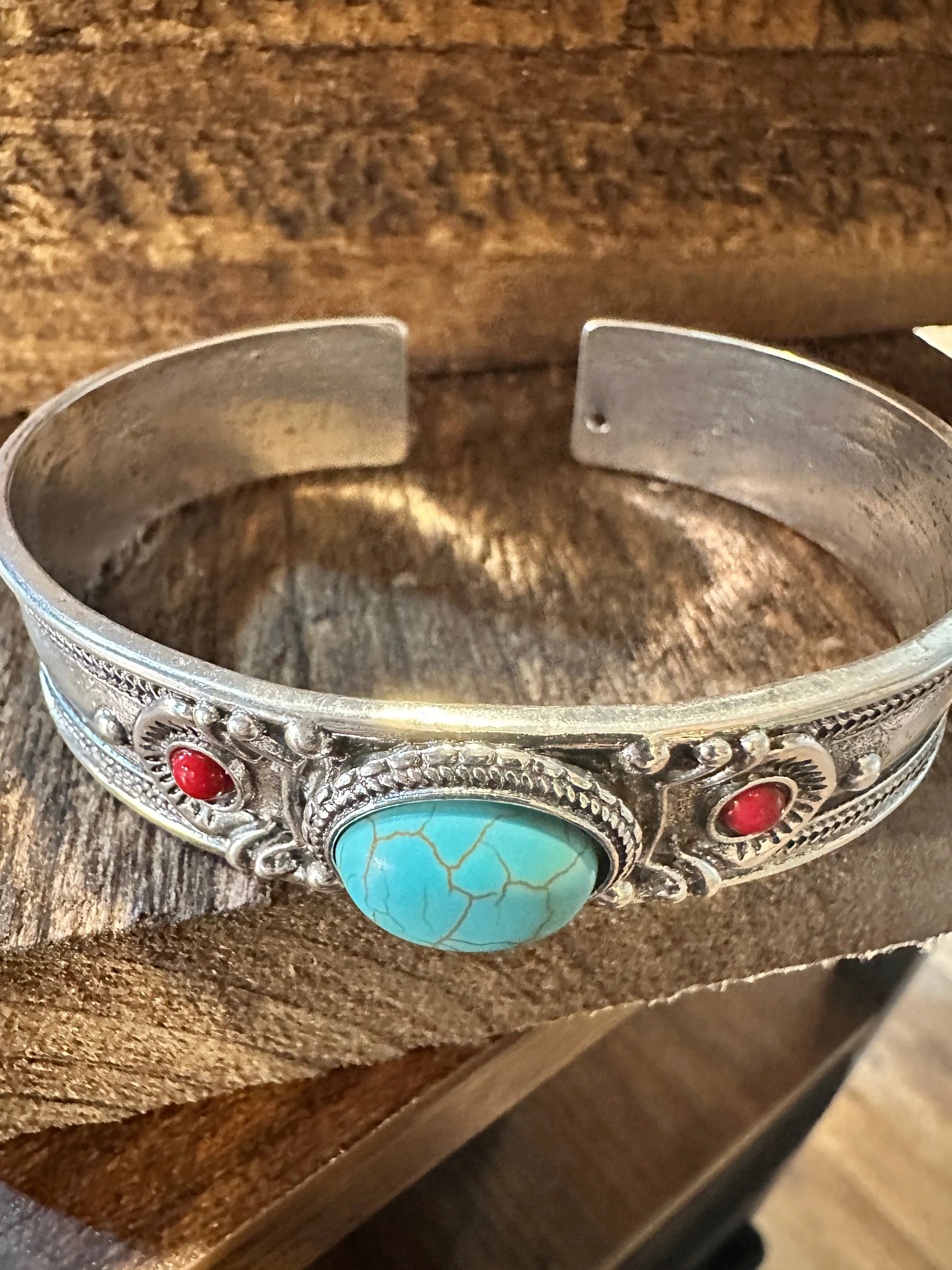 Handcrafted Boho Western Chic Turquoise & Coral Stone Open Cuff Bangle, Adjustable, Gift BoxHandcrafted Boho Western Chic Turquoise & Coral Stone Open Cuff Bangle, Adjustable, Gift Box - Premium boho bracelet from Silver Elegant - Just $22! Shop now at Silver Elegant