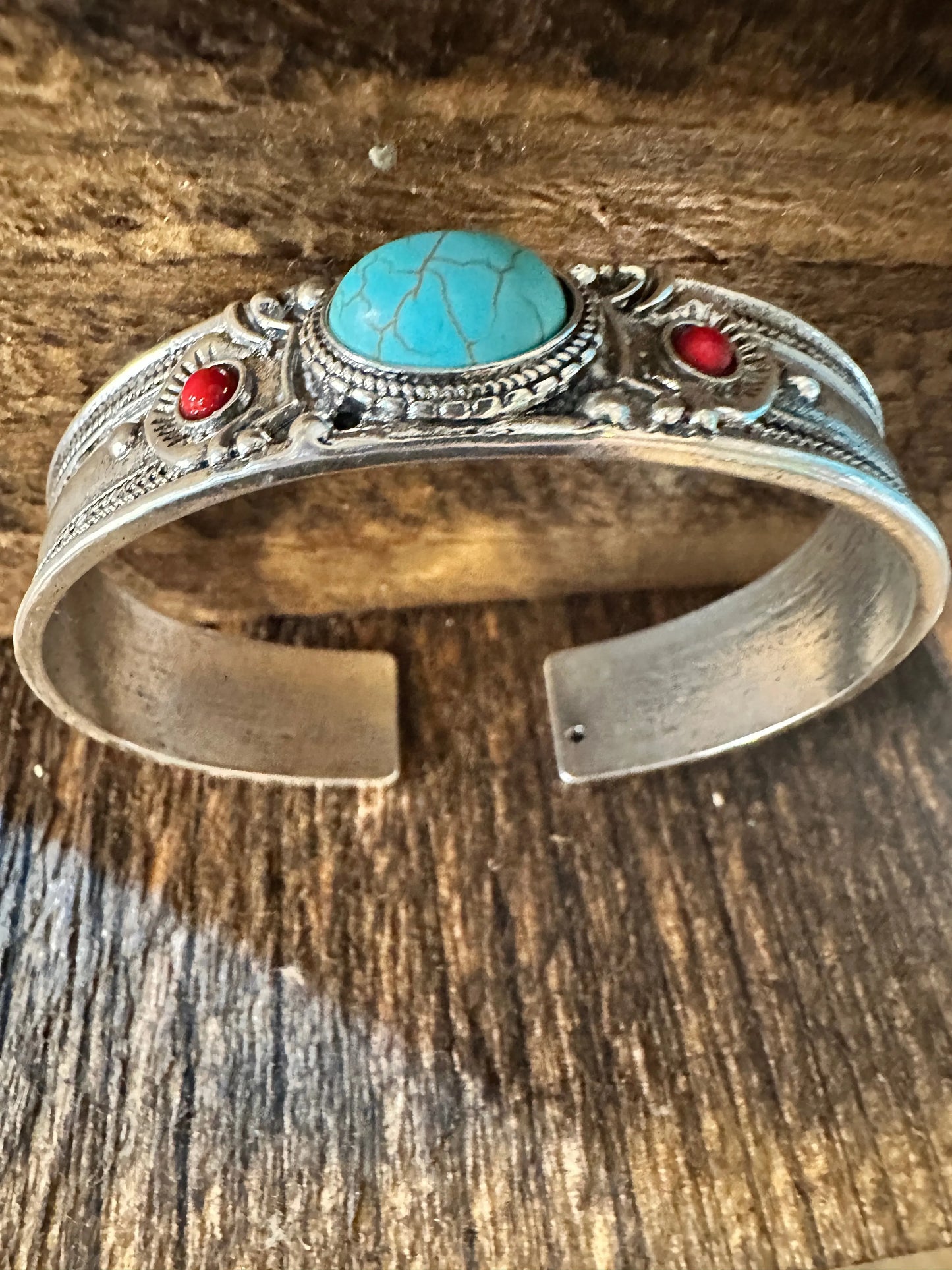 Handcrafted Boho Western Chic Turquoise & Coral Stone Open Cuff Bangle, Adjustable, Gift BoxHandcrafted Boho Western Chic Turquoise & Coral Stone Open Cuff Bangle, Adjustable, Gift Box - Premium boho bracelet from Silver Elegant - Just $22! Shop now at Silver Elegant