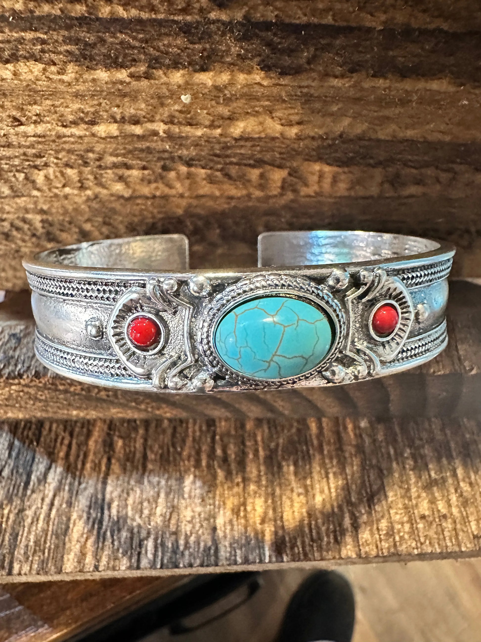 Handcrafted Boho Western Chic Turquoise & Coral Stone Open Cuff Bangle, Adjustable, Gift BoxHandcrafted Boho Western Chic Turquoise & Coral Stone Open Cuff Bangle, Adjustable, Gift Box - Premium boho bracelet from Silver Elegant - Just $22! Shop now at Silver Elegant