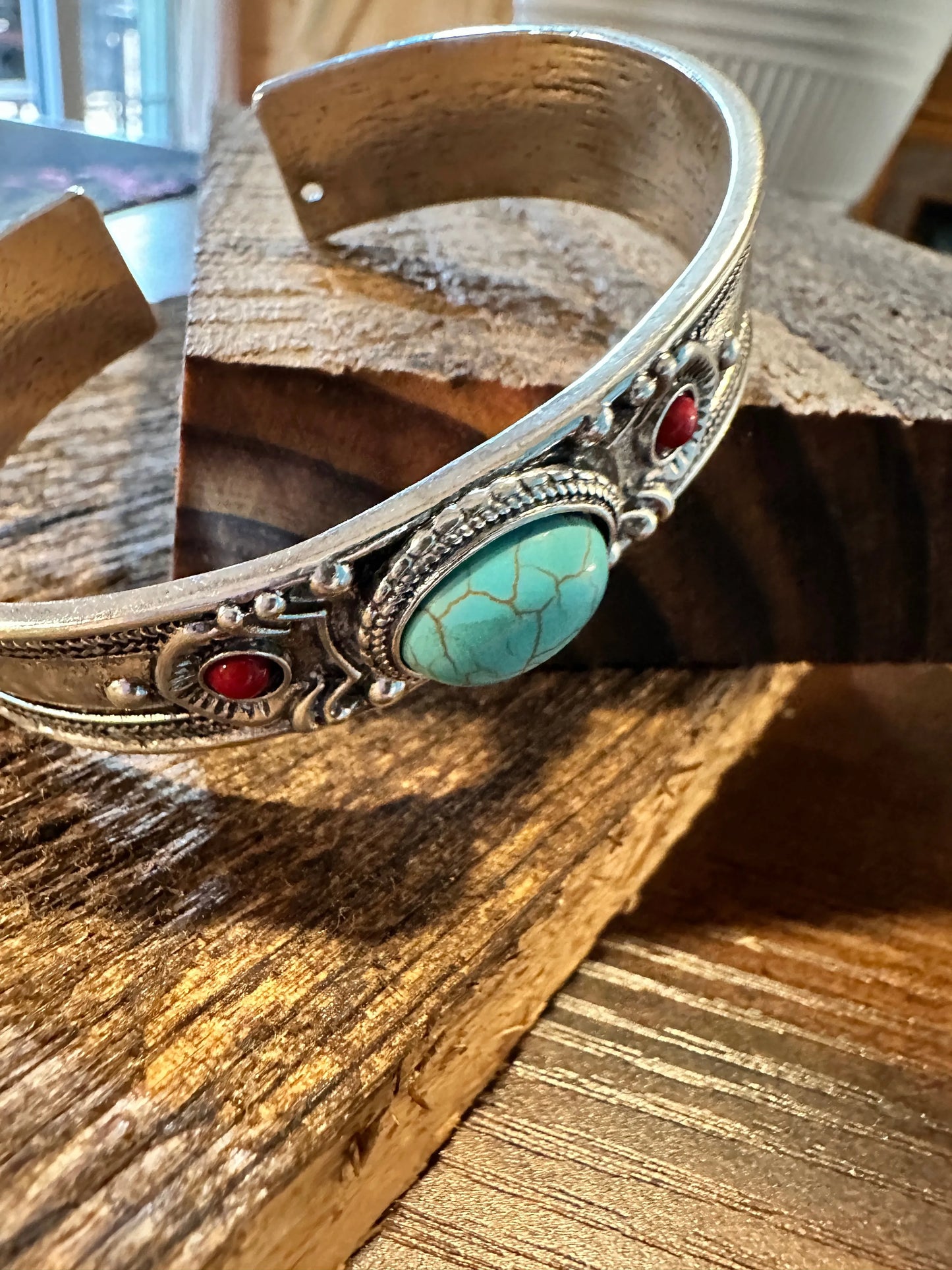 Handcrafted Boho Western Chic Turquoise & Coral Stone Open Cuff Bangle, Adjustable, Gift BoxHandcrafted Boho Western Chic Turquoise & Coral Stone Open Cuff Bangle, Adjustable, Gift Box - Premium boho bracelet from Silver Elegant - Just $22! Shop now at Silver Elegant