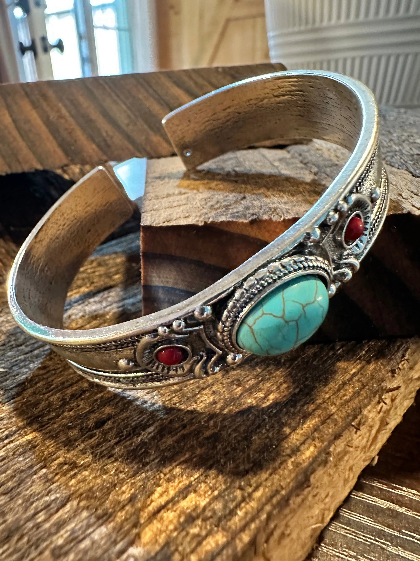 Handcrafted Boho Western Chic Turquoise & Coral Stone Open Cuff Bangle, Adjustable, Gift BoxHandcrafted Boho Western Chic Turquoise & Coral Stone Open Cuff Bangle, Adjustable, Gift Box - Premium boho bracelet from Silver Elegant - Just $22! Shop now at Silver Elegant