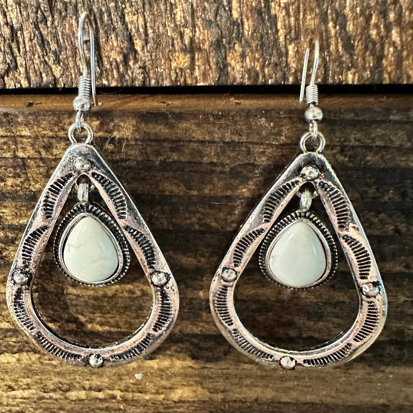 White Stone Teardrop Silver Earrings