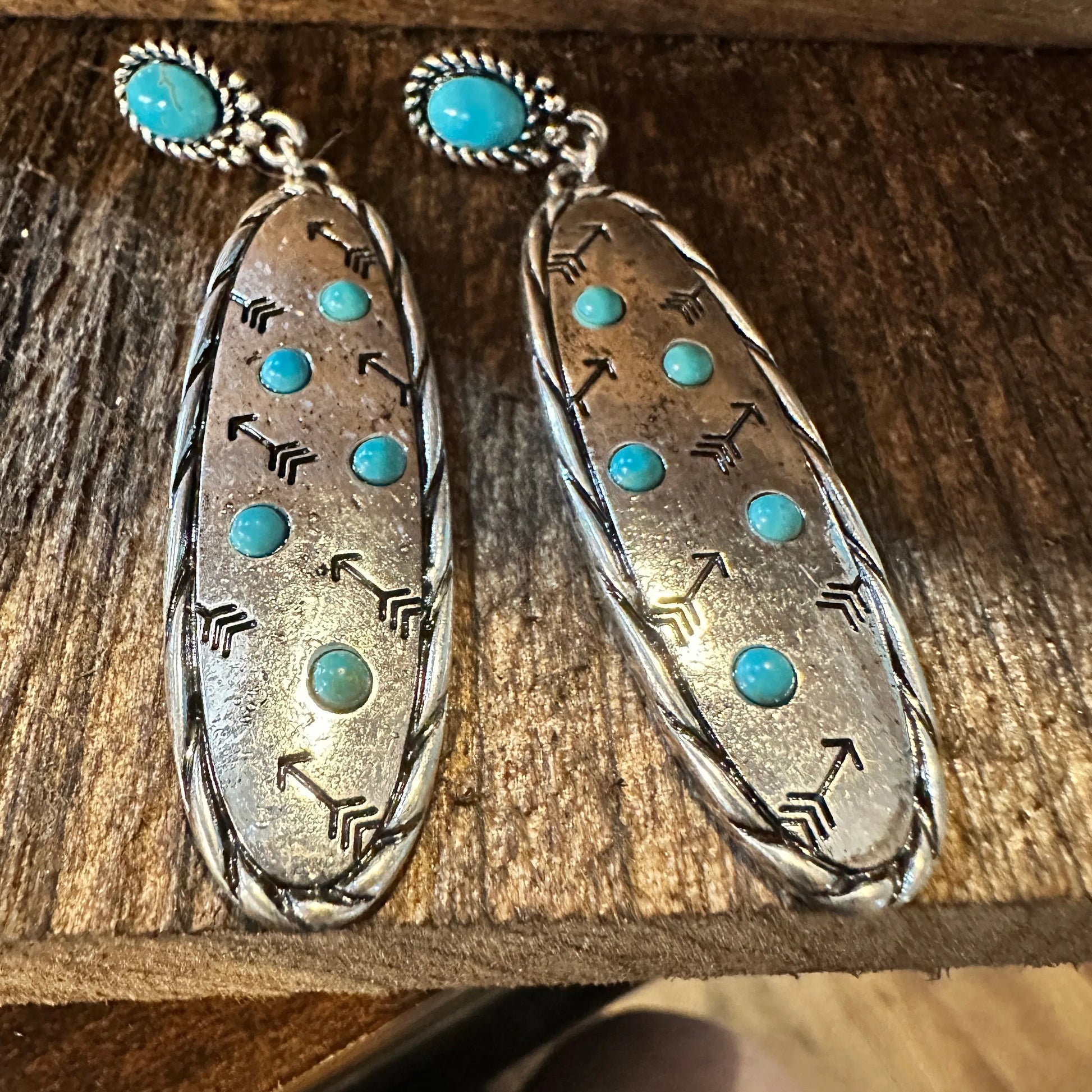 Boho Hippie Cowgirl Western Stamped Stone Earrings - Cactus Thunderbolt Arrows, Gift BoxBoho Hippie Cowgirl Western Stamped Stone Earrings - Cactus Thunderbolt Arrows, Gift Box - Premium Drop Stud Earring from Silver Elegant - Just $22! Shop now at Silver Elegant