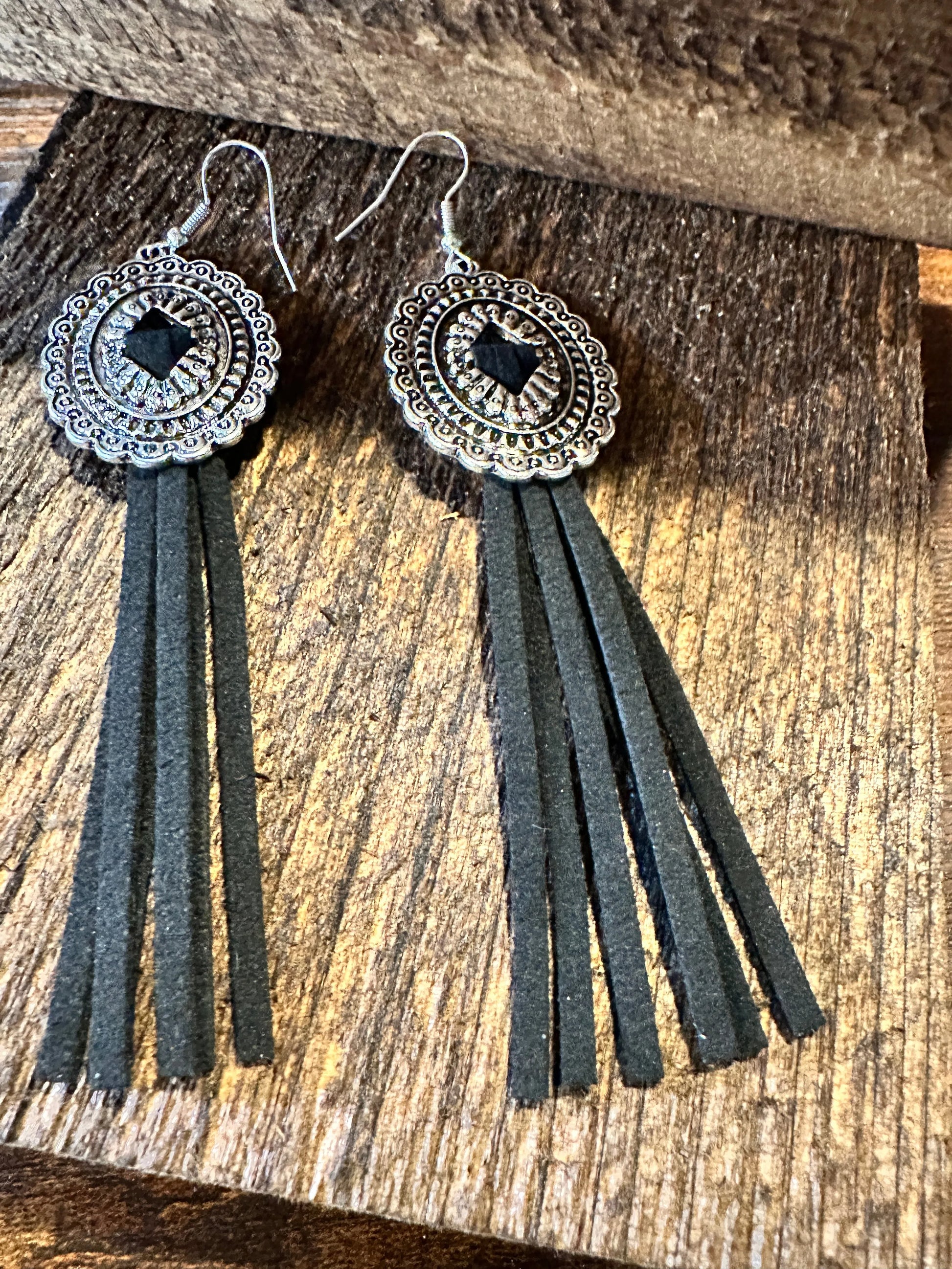 Boho Hippie Western Conch Tribal Silver Drop Wire Earrings, Black Leather, Gift BoxBoho Hippie Western Conch Tribal Silver Drop Wire Earrings, Black Leather, Gift Box - Premium Drop Wire Earring from Silver Elegant - Just $13! Shop now at Silver Elegant