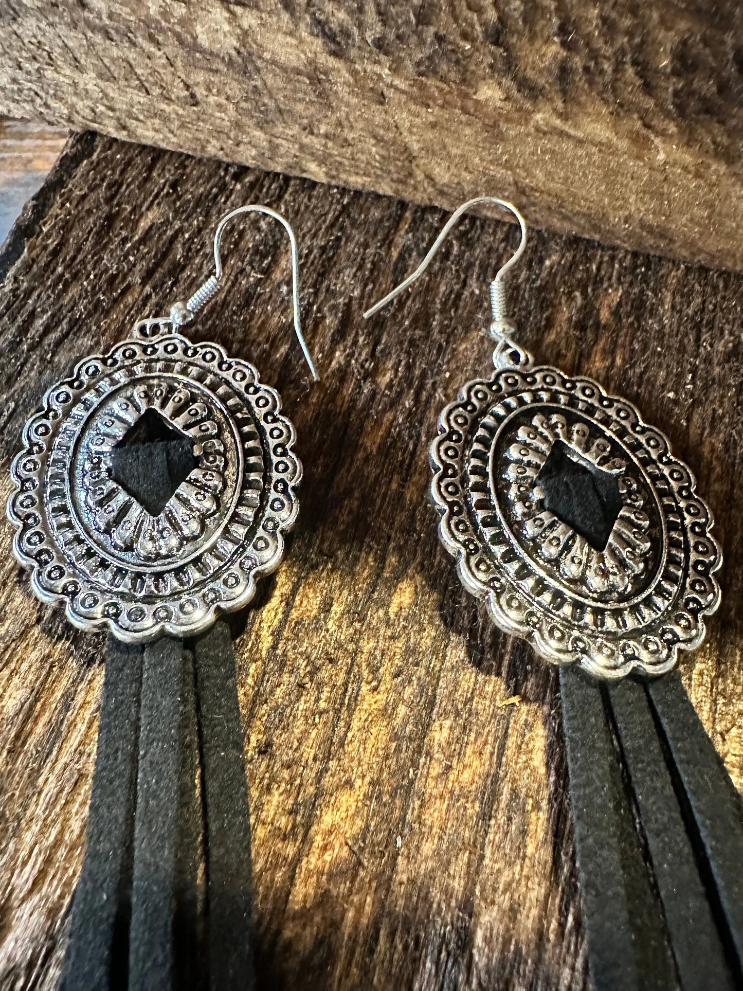 Boho Hippie Western Conch Tribal Silver Drop Wire Earrings, Black Leather, Gift BoxBoho Hippie Western Conch Tribal Silver Drop Wire Earrings, Black Leather, Gift Box - Premium Drop Wire Earring from Silver Elegant - Just $13! Shop now at Silver Elegant