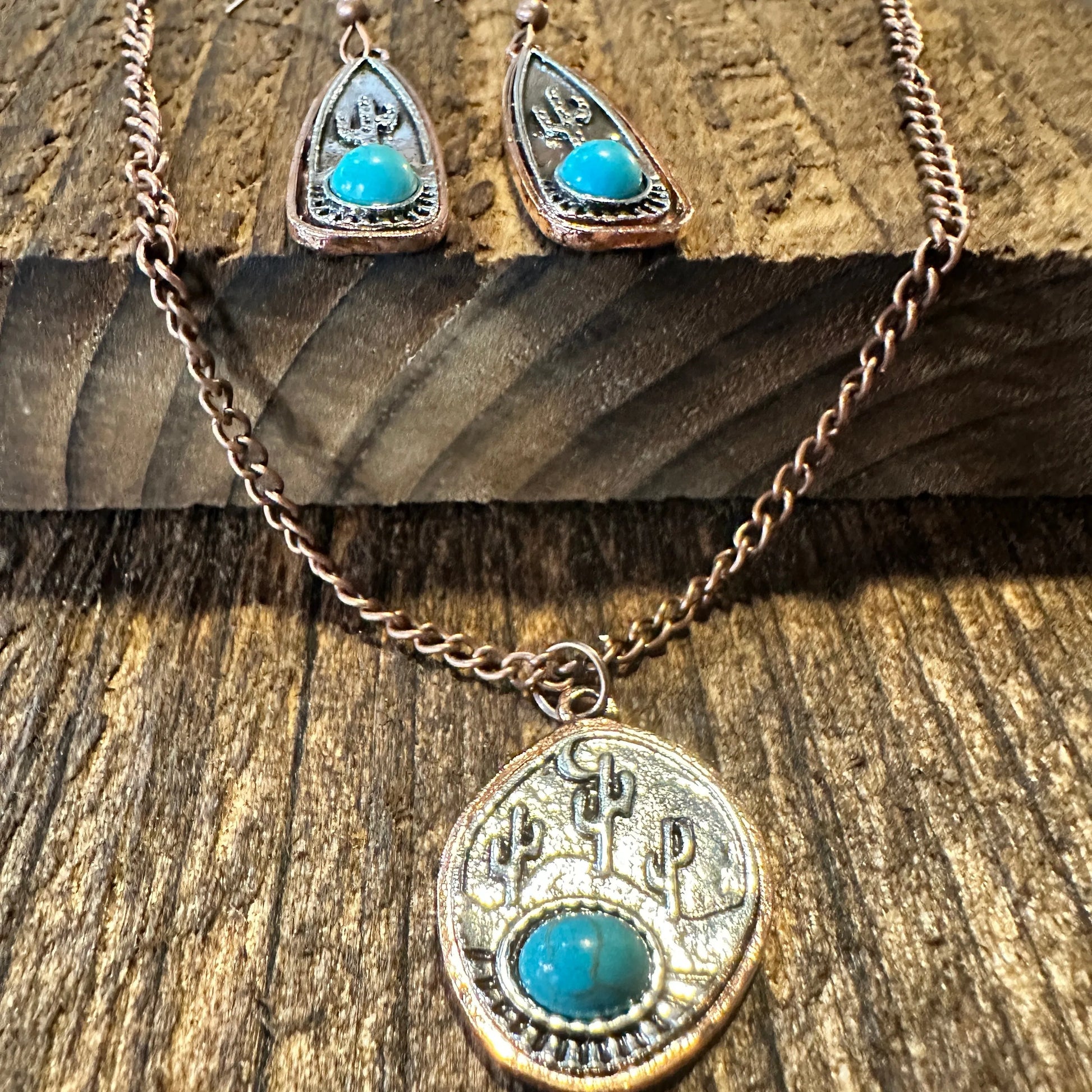 Boho SouthWestern Cowgirl Copper Turquoise Cactus Necklace/Drop Earring Set, Gift BoxBoho SouthWestern Cowgirl Copper Turquoise Cactus Necklace/Drop Earring Set, Gift Box - Premium Pendant Necklace from Silver Elegant - Just $24! Shop now at Silver Elegant