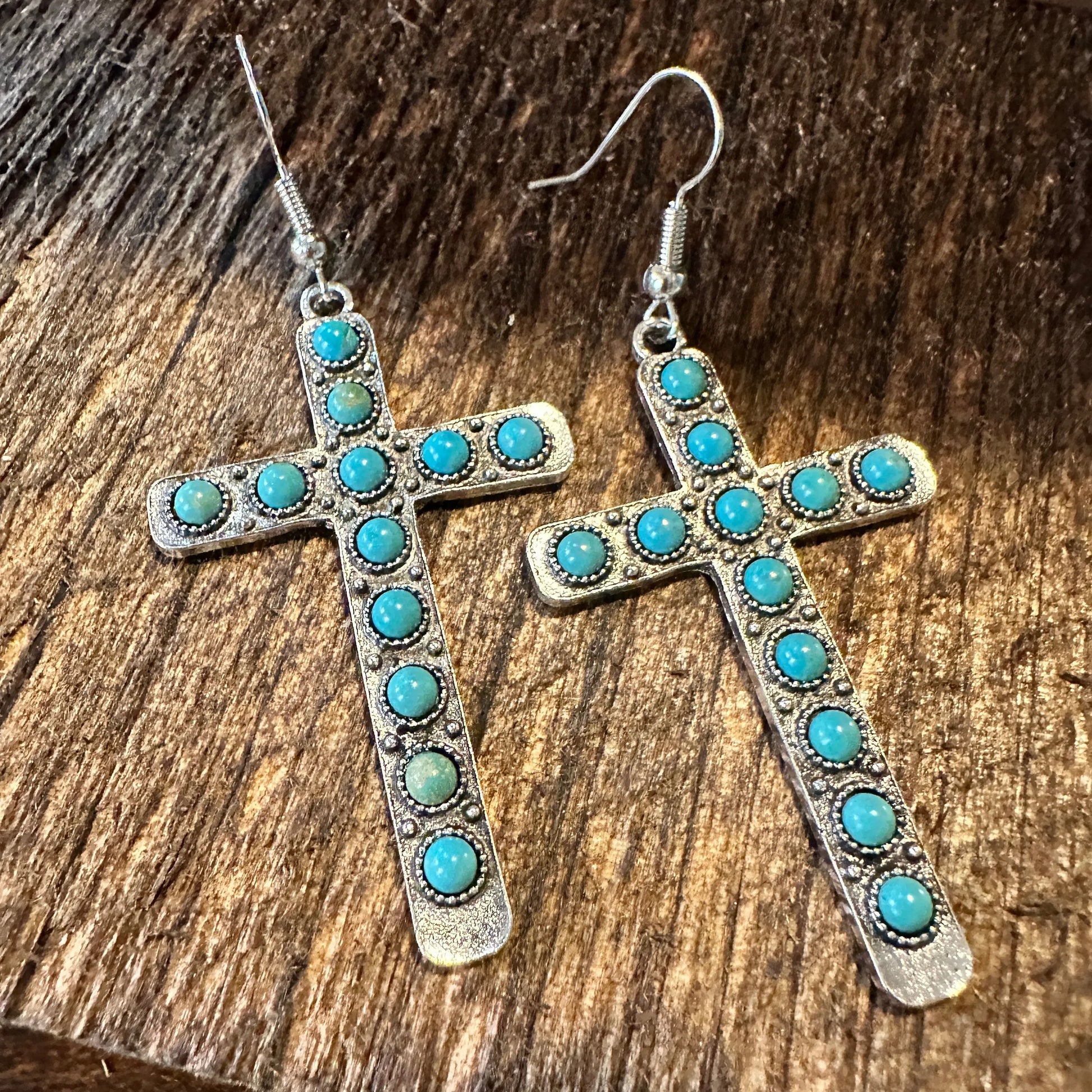 Boho Hippie Western Turquoise Stone Religion Cross Silver Drop Wire Earrings, Gift BoxBoho Hippie Western Turquoise Stone Religion Cross Silver Drop Wire Earrings, Gift Box - Premium Drop Wire Earring from Silver Elegant - Just $13! Shop now at Silver Elegant