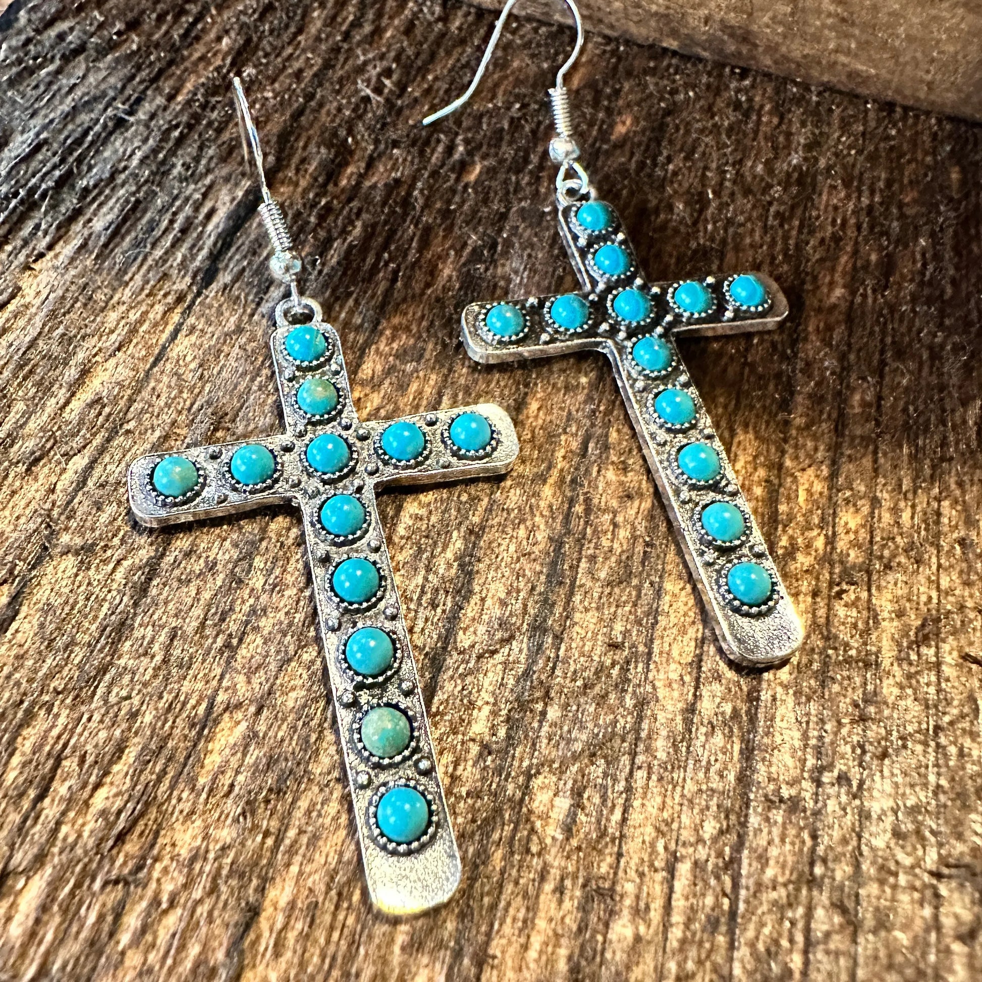 Boho Hippie Western Turquoise Stone Religion Cross Silver Drop Wire Earrings, Gift BoxBoho Hippie Western Turquoise Stone Religion Cross Silver Drop Wire Earrings, Gift Box - Premium Drop Wire Earring from Silver Elegant - Just $13! Shop now at Silver Elegant