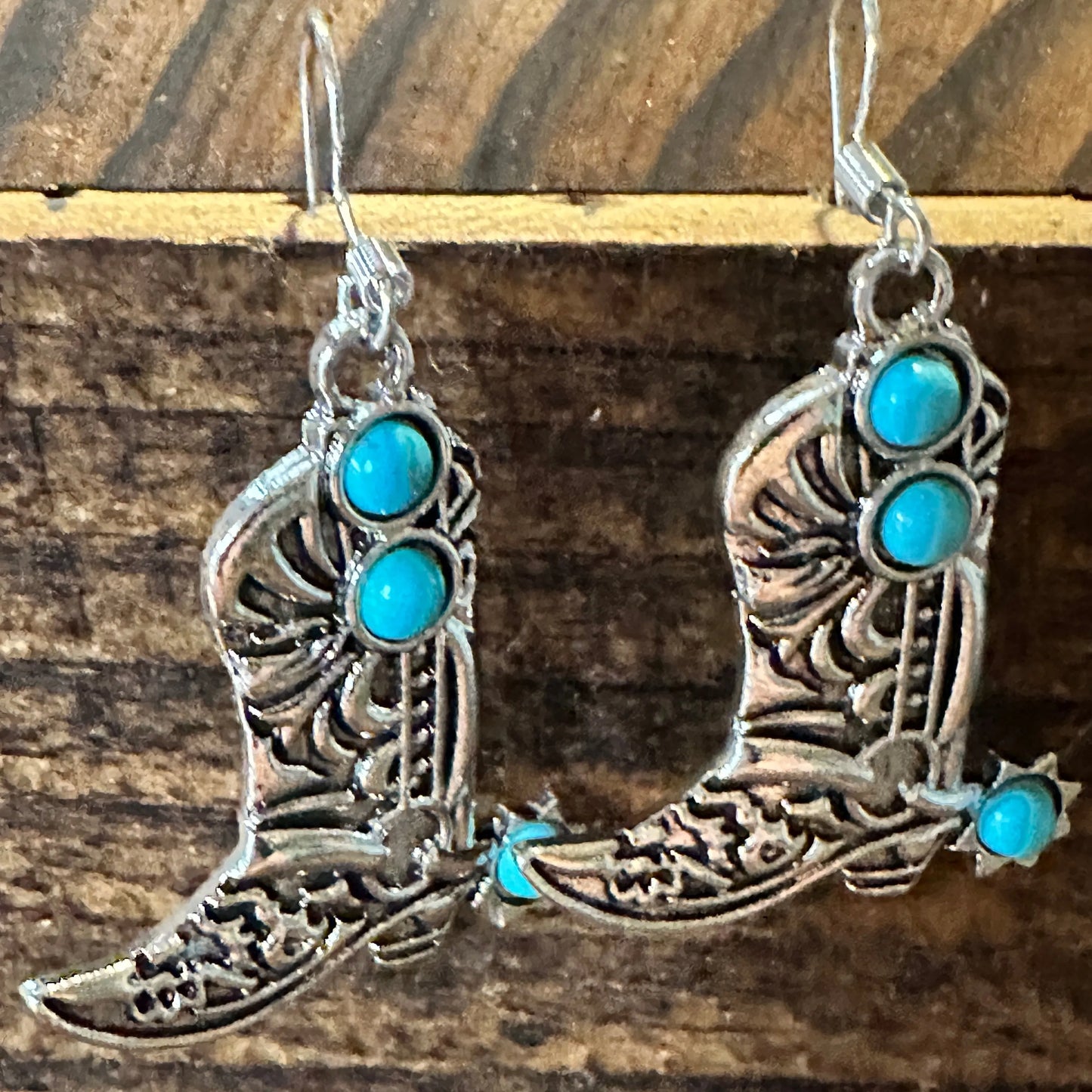 Boho Hippie Western CowgirlTurquoise Stone Boot Silver Drop Wire Earrings, Gift BoxBoho Hippie Western CowgirlTurquoise Stone Boot Silver Drop Wire Earrings, Gift Box - Premium Drop Wire Earring from Silver Elegant - Just $13! Shop now at Silver Elegant