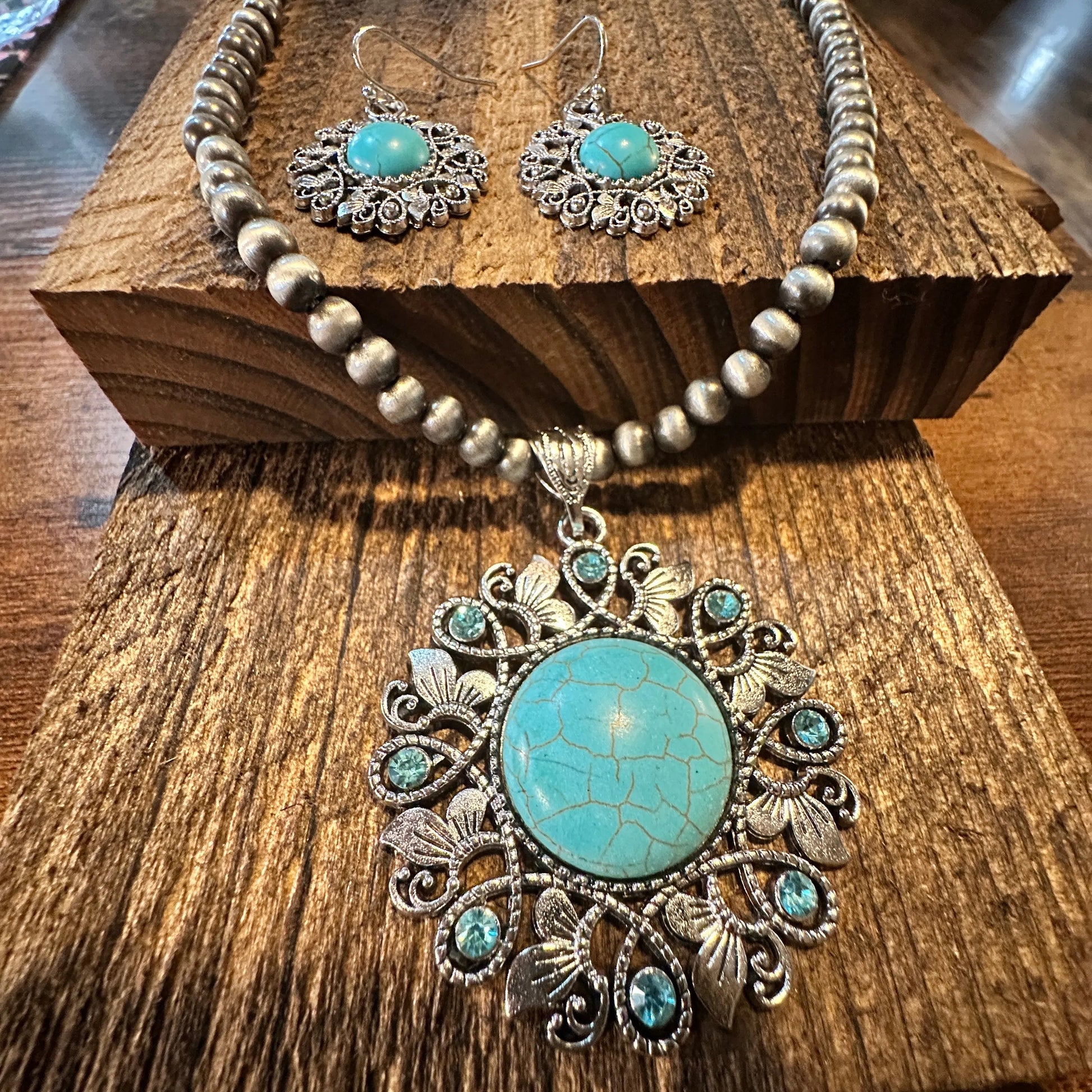 Handcrafted Boho Turquoise Jewelry Set, Lace Beads Necklace/ Earring Set , Gift BoxHandcrafted Boho Turquoise Jewelry Set, Lace Beads Necklace/ Earring Set , Gift Box - Premium Pendant Necklace from Silver Elegant - Just $22! Shop now at Silver Elegant