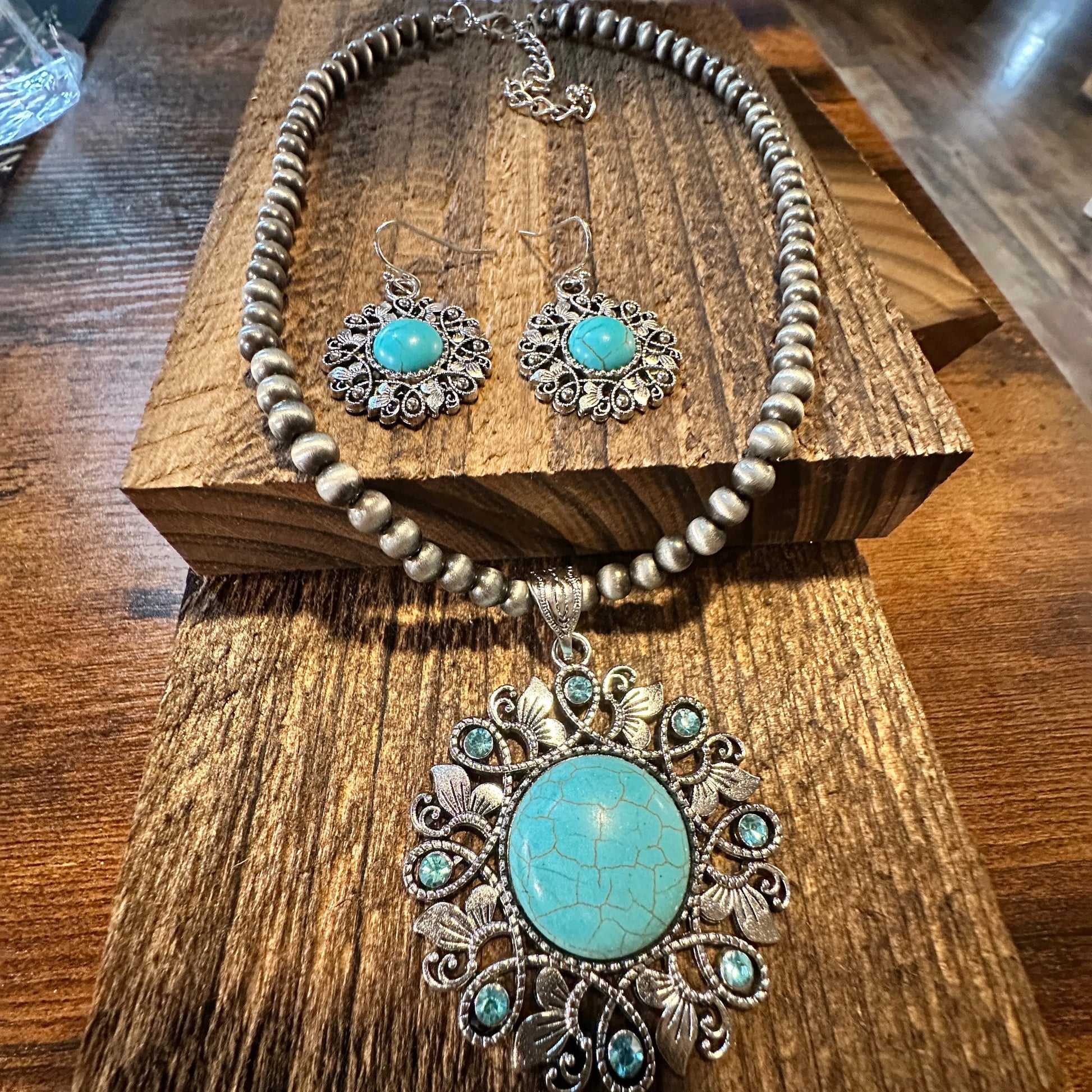 Handcrafted Boho Turquoise Jewelry Set, Lace Beads Necklace/ Earring Set , Gift BoxHandcrafted Boho Turquoise Jewelry Set, Lace Beads Necklace/ Earring Set , Gift Box - Premium Pendant Necklace from Silver Elegant - Just $22! Shop now at Silver Elegant