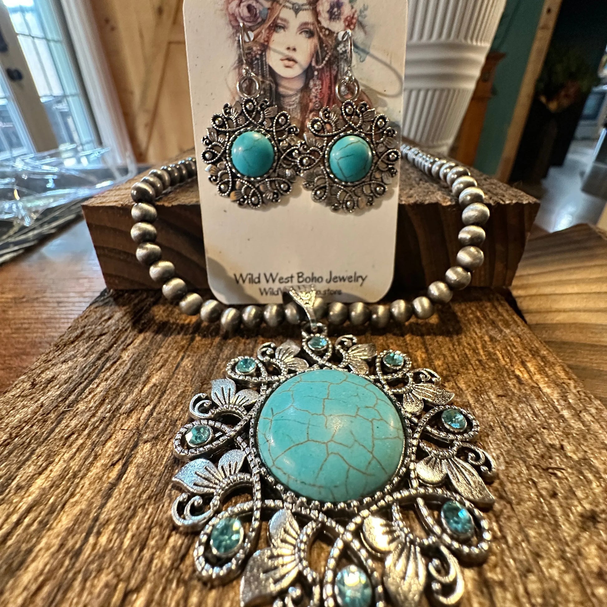 Handcrafted Boho Turquoise Jewelry Set, Lace Beads Necklace/ Earring Set , Gift BoxHandcrafted Boho Turquoise Jewelry Set, Lace Beads Necklace/ Earring Set , Gift Box - Premium Pendant Necklace from Silver Elegant - Just $22! Shop now at Silver Elegant