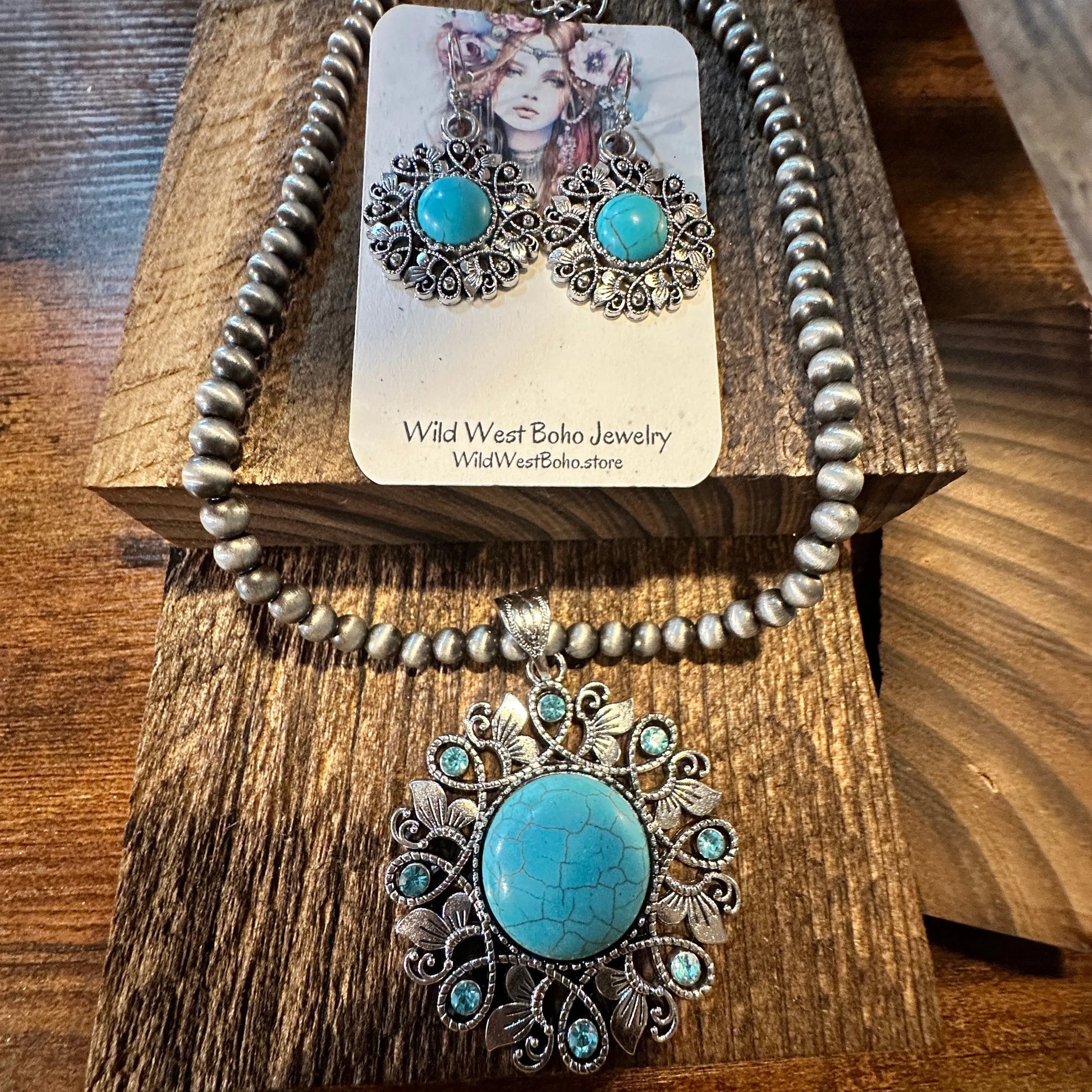 Handcrafted Boho Turquoise Jewelry Set, Lace Beads Necklace/ Earring Set , Gift BoxHandcrafted Boho Turquoise Jewelry Set, Lace Beads Necklace/ Earring Set , Gift Box - Premium Pendant Necklace from Silver Elegant - Just $22! Shop now at Silver Elegant