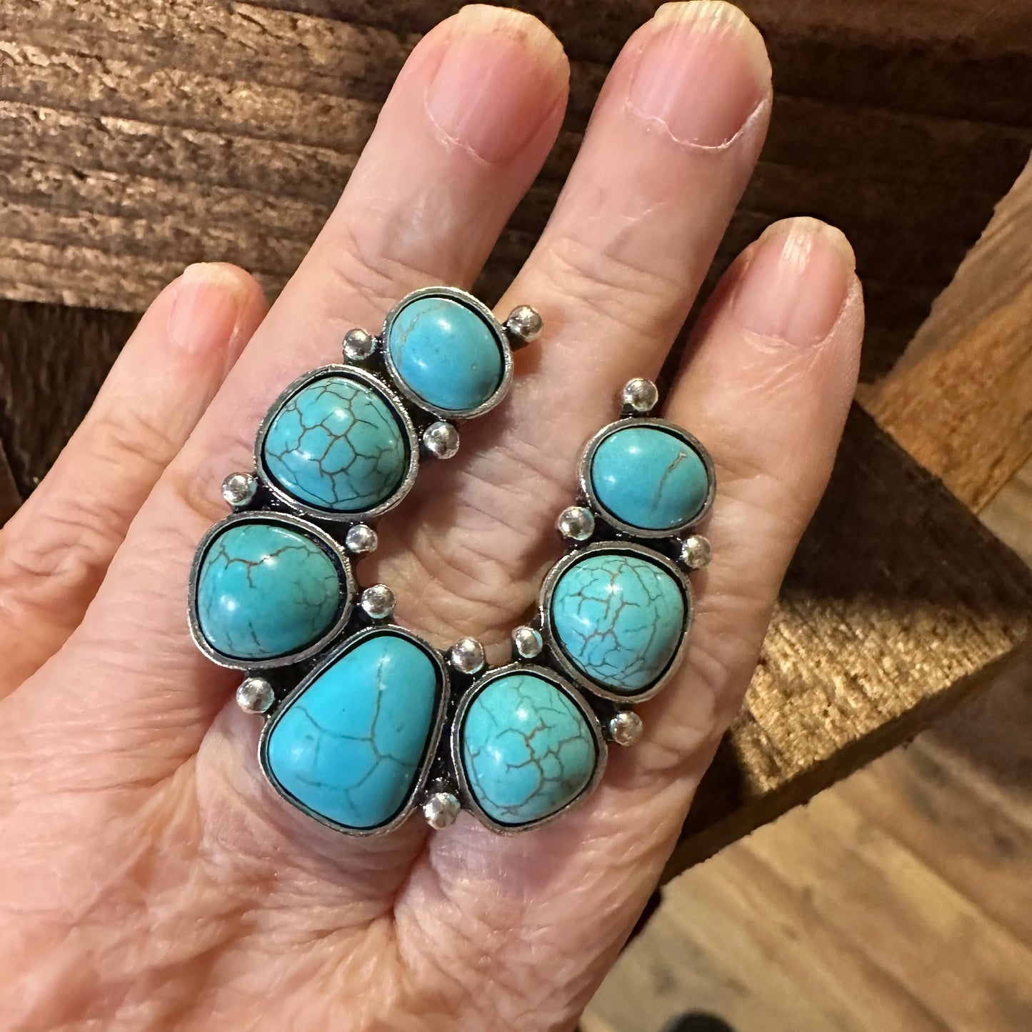 Western Boho Hippie Turquoise Stone Squash Blossom Cuff Statement Ring, Gift BoxWestern Boho Hippie Turquoise Stone Squash Blossom Cuff Statement Ring, Gift Box - Premium cuff rings from Silver Elegant - Just $18! Shop now at Silver Elegant