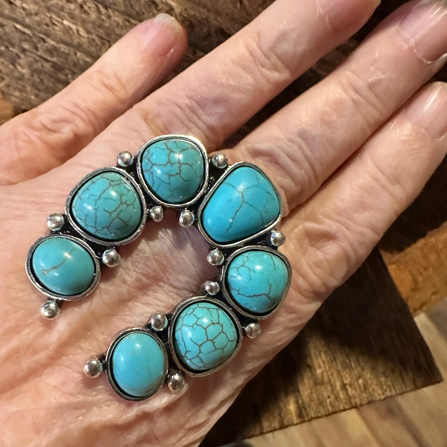 Western Boho Hippie Turquoise Stone Squash Blossom Cuff Statement Ring, Gift BoxWestern Boho Hippie Turquoise Stone Squash Blossom Cuff Statement Ring, Gift Box - Premium cuff rings from Silver Elegant - Just $18! Shop now at Silver Elegant