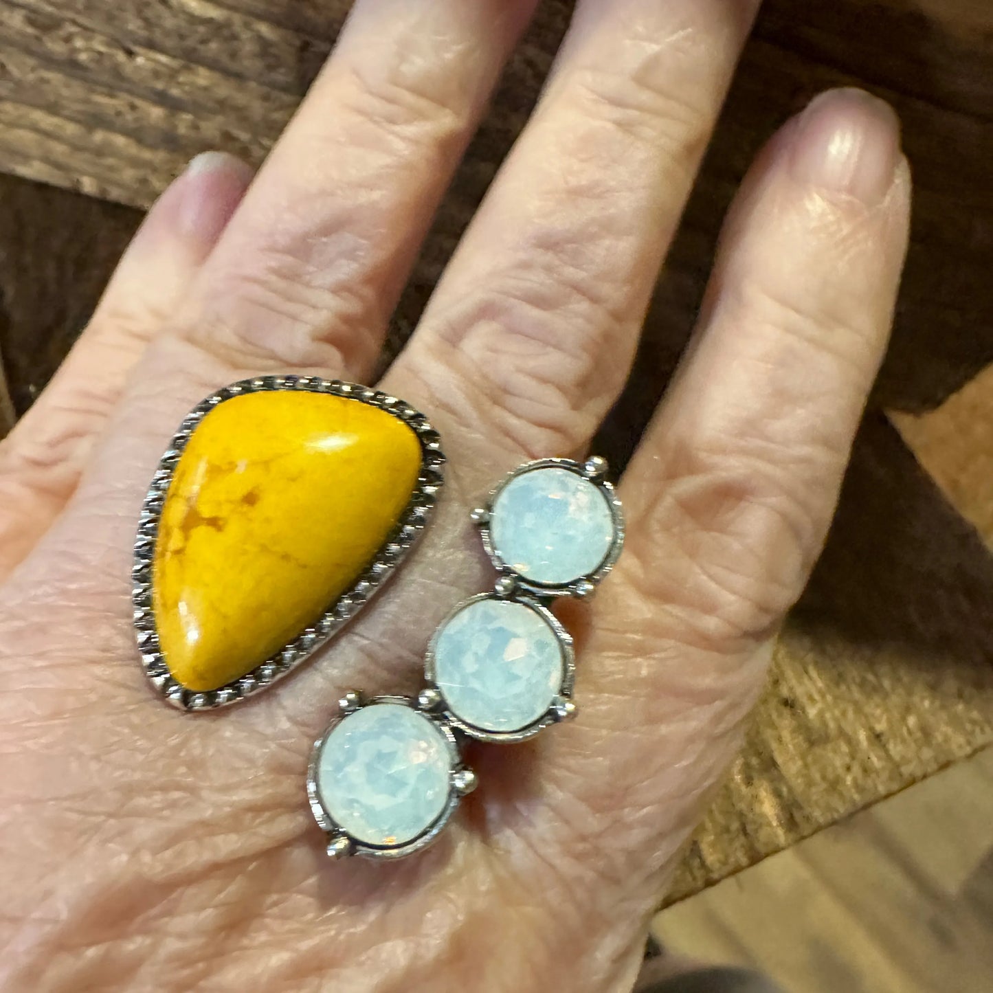 Western Boho Hippie Jeweled 4-Stone Yellow Cuff Statement Ring: Off-White Ring, Gift BoxWestern Boho Hippie Jeweled 4-Stone Yellow Cuff Statement Ring: Off-White Ring, Gift Box - Premium cuff rings from Silver Elegant - Just $18! Shop now at Silver Elegant