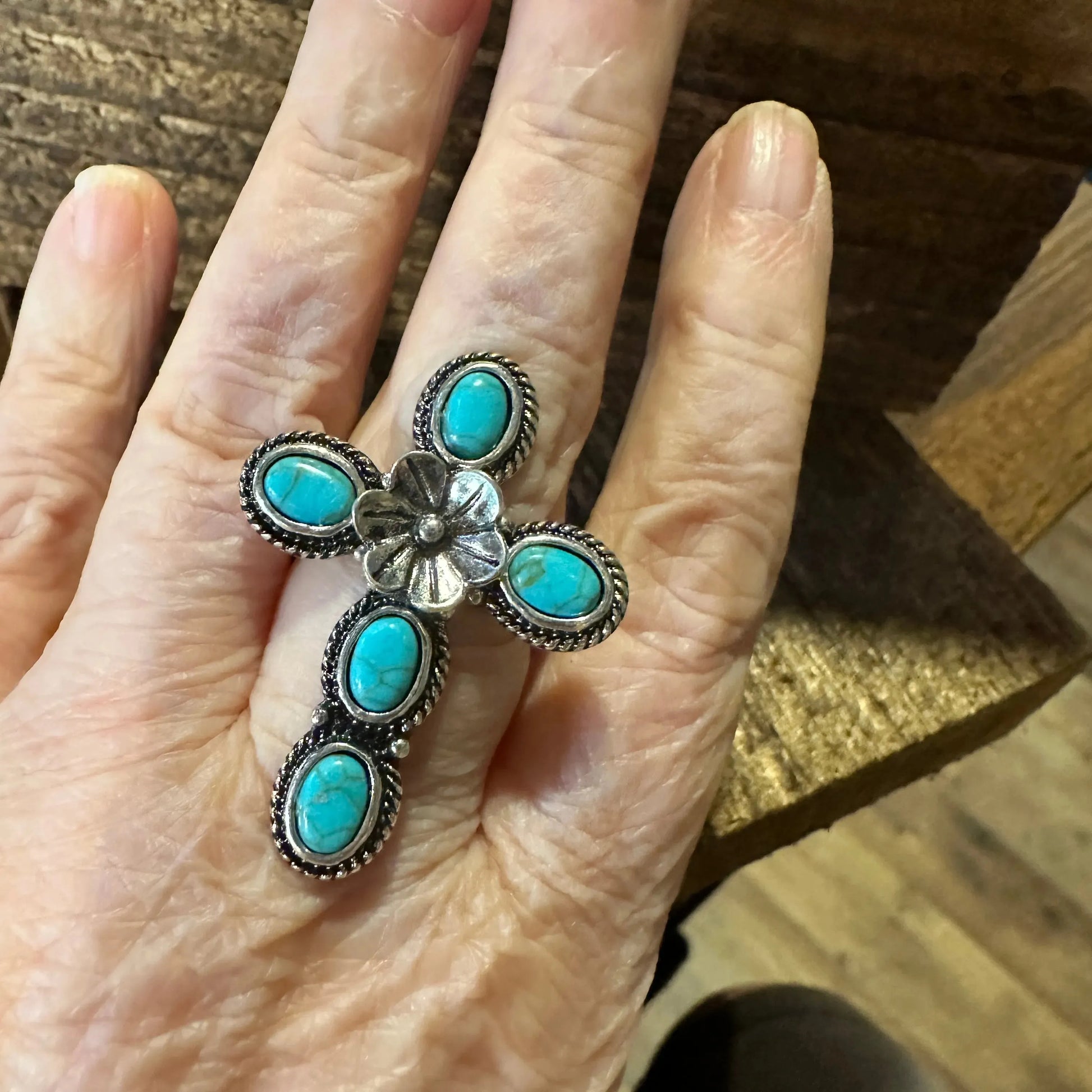 Western Boho Hippie Ring, Floral Cross Turquoise Gemstone Cuff Ring, Gift BoxWestern Boho Hippie Ring, Floral Cross Turquoise Gemstone Cuff Ring, Gift Box - Premium cuff rings from Silver Elegant - Just $18! Shop now at Silver Elegant