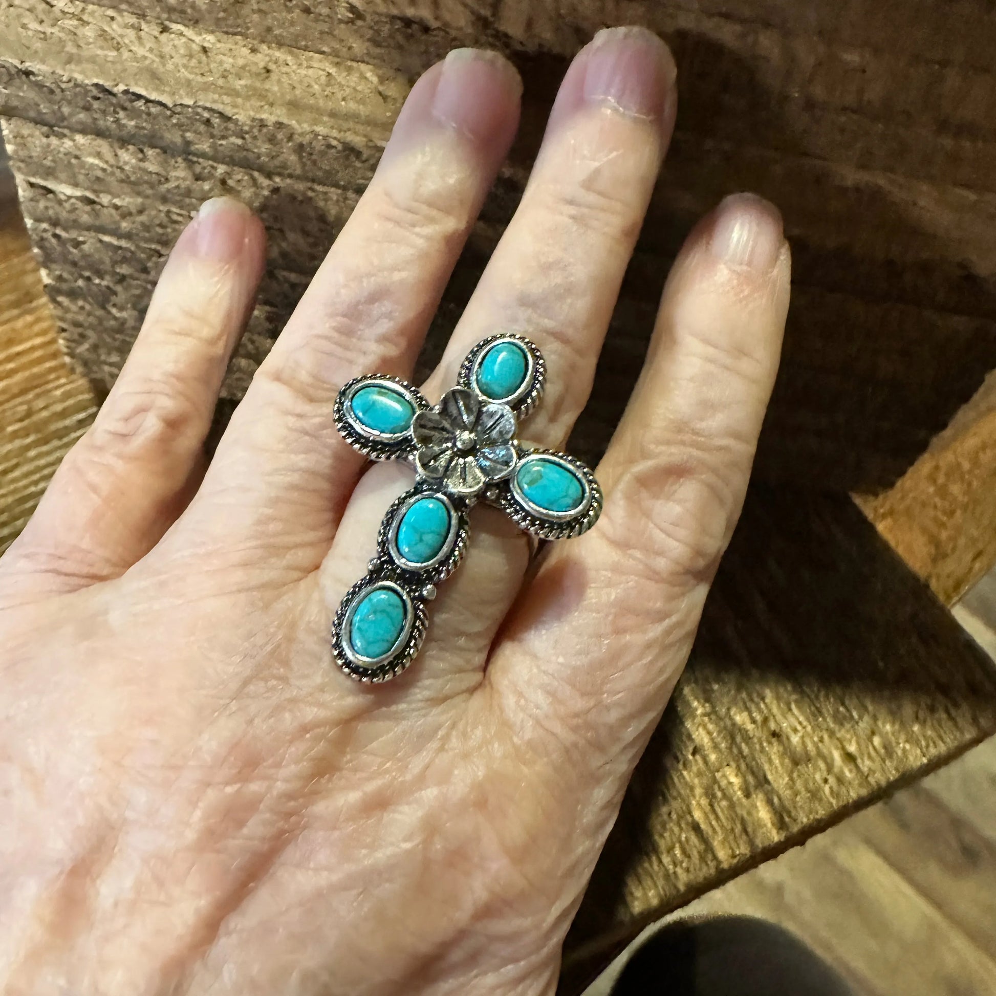 Western Boho Hippie Ring, Floral Cross Turquoise Gemstone Cuff Ring, Gift BoxWestern Boho Hippie Ring, Floral Cross Turquoise Gemstone Cuff Ring, Gift Box - Premium cuff rings from Silver Elegant - Just $18! Shop now at Silver Elegant