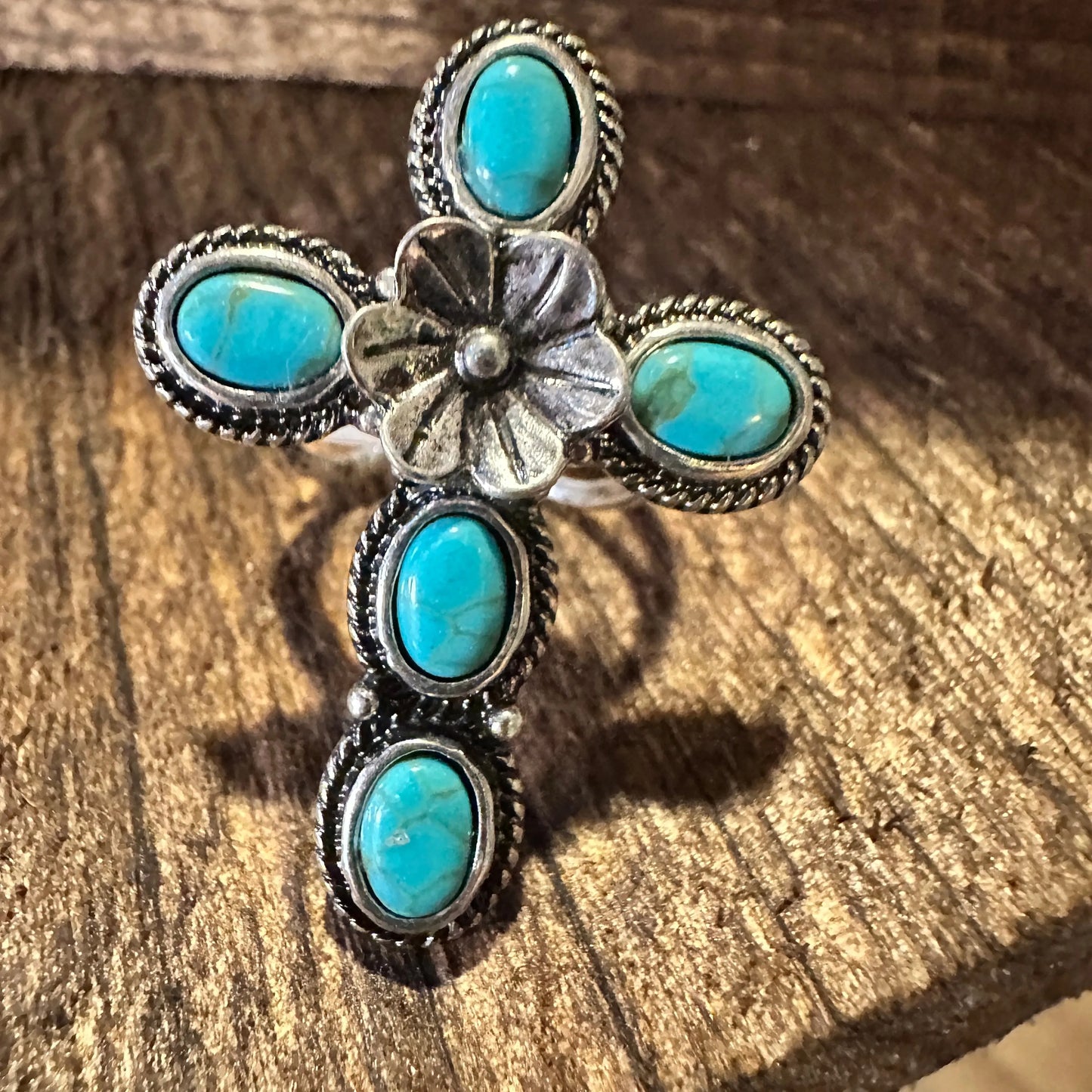 Western Boho Hippie Ring, Floral Cross Turquoise Gemstone Cuff Ring, Gift BoxWestern Boho Hippie Ring, Floral Cross Turquoise Gemstone Cuff Ring, Gift Box - Premium cuff rings from Silver Elegant - Just $18! Shop now at Silver Elegant