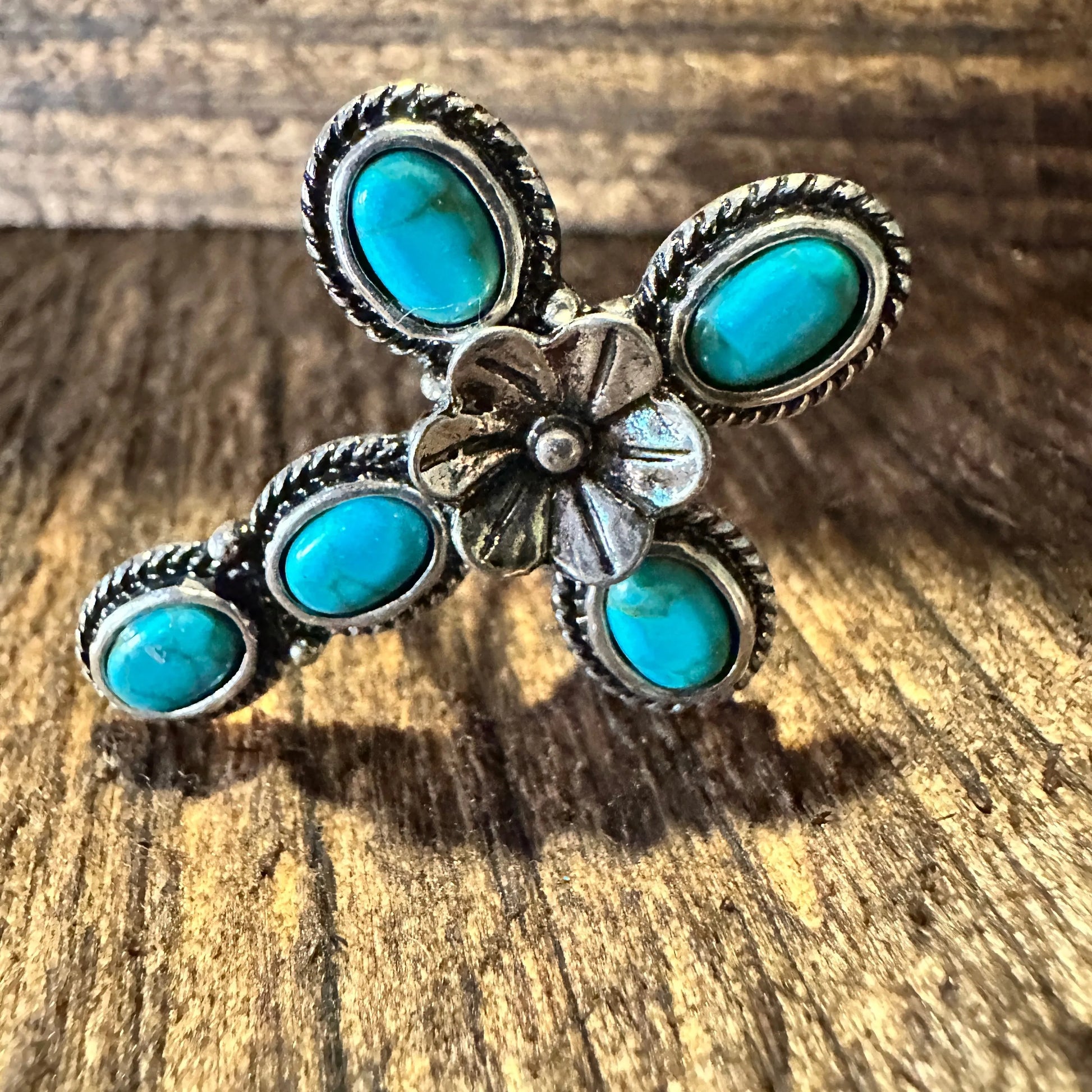 Western Boho Hippie Ring, Floral Cross Turquoise Gemstone Cuff Ring, Gift BoxWestern Boho Hippie Ring, Floral Cross Turquoise Gemstone Cuff Ring, Gift Box - Premium cuff rings from Silver Elegant - Just $18! Shop now at Silver Elegant