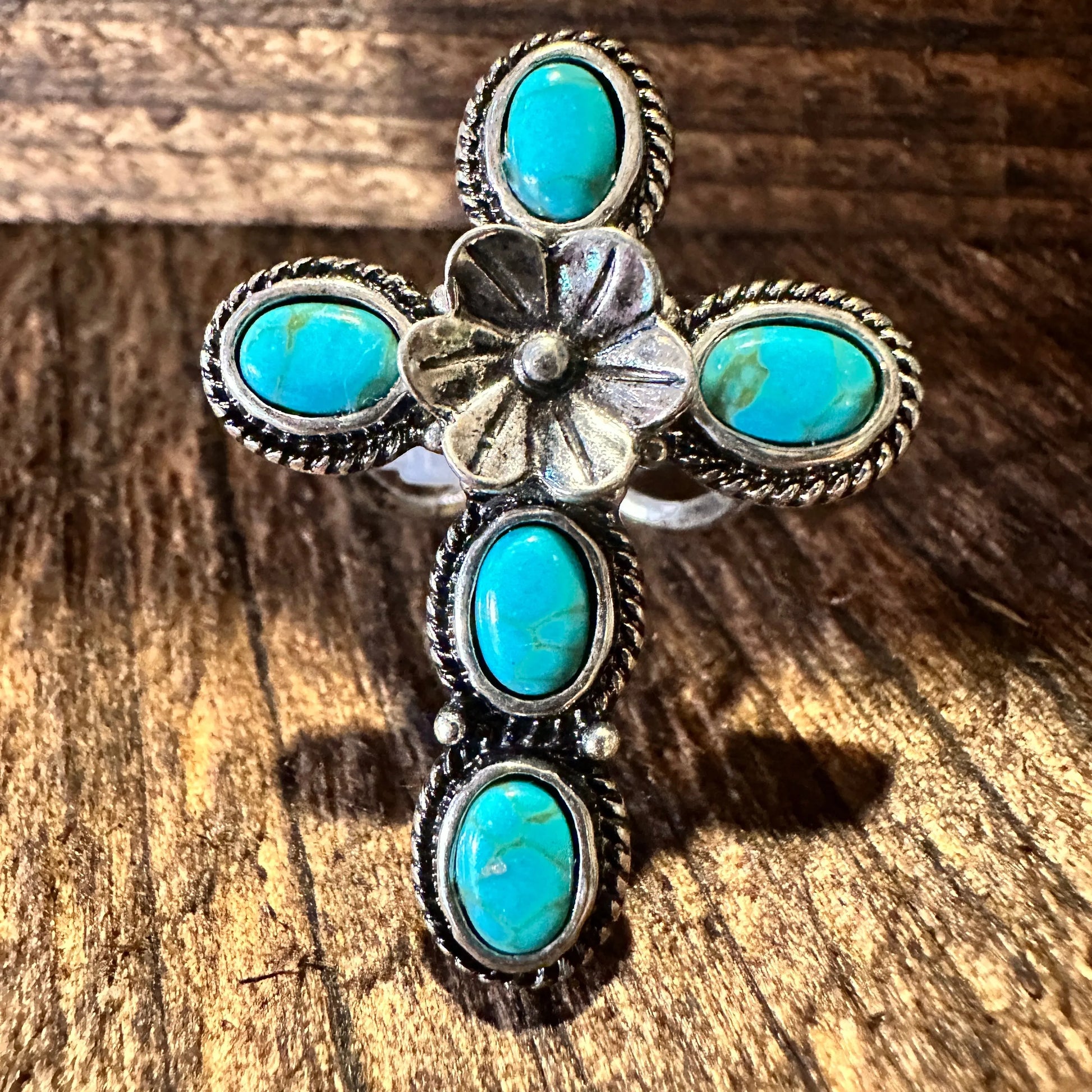 Western Boho Hippie Ring, Floral Cross Turquoise Gemstone Cuff Ring, Gift BoxWestern Boho Hippie Ring, Floral Cross Turquoise Gemstone Cuff Ring, Gift Box - Premium cuff rings from Silver Elegant - Just $18! Shop now at Silver Elegant