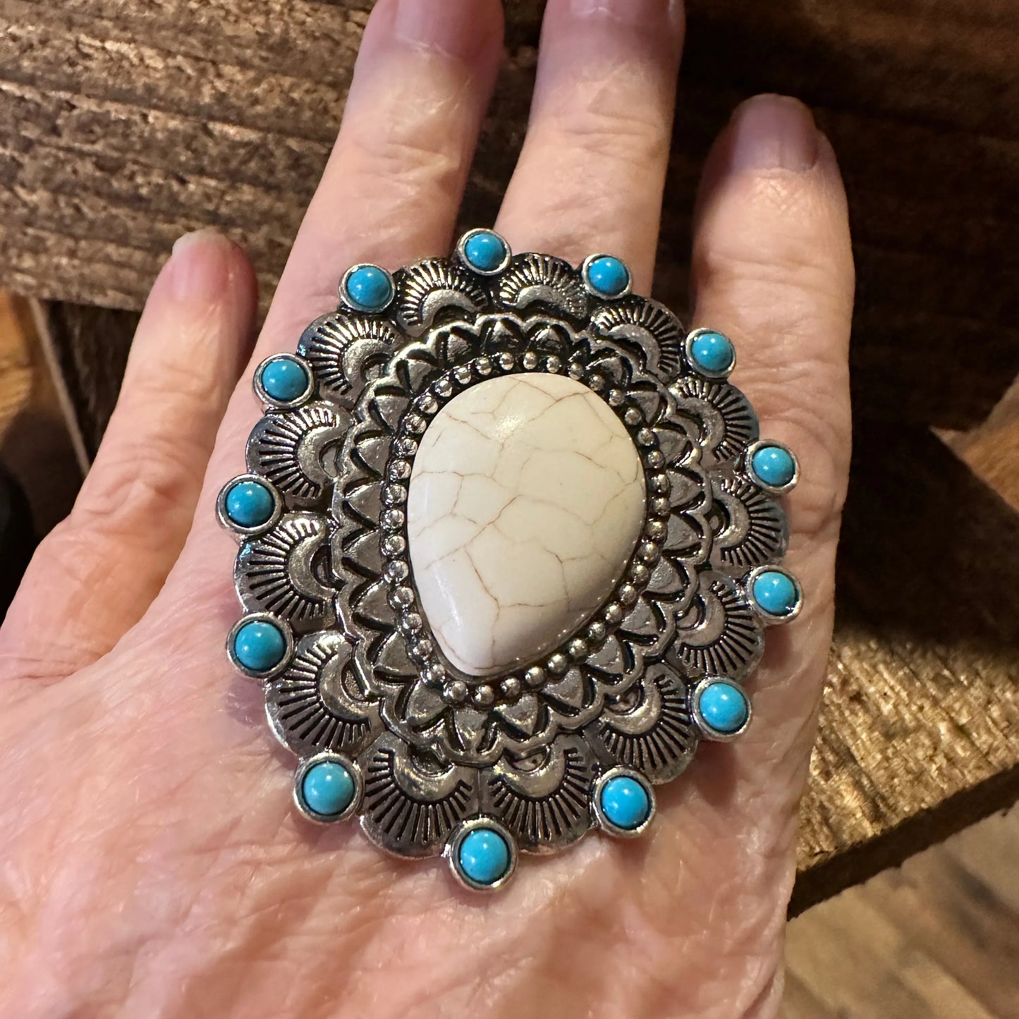 Western Boho Hippie Teardrop Stone Scalloped Concho Stretch Statement Ring, Gift BoxWestern Boho Hippie Teardrop Stone Scalloped Concho Stretch Statement Ring, Gift Box - Premium cuff rings from Silver Elegant - Just $18! Shop now at Silver Elegant