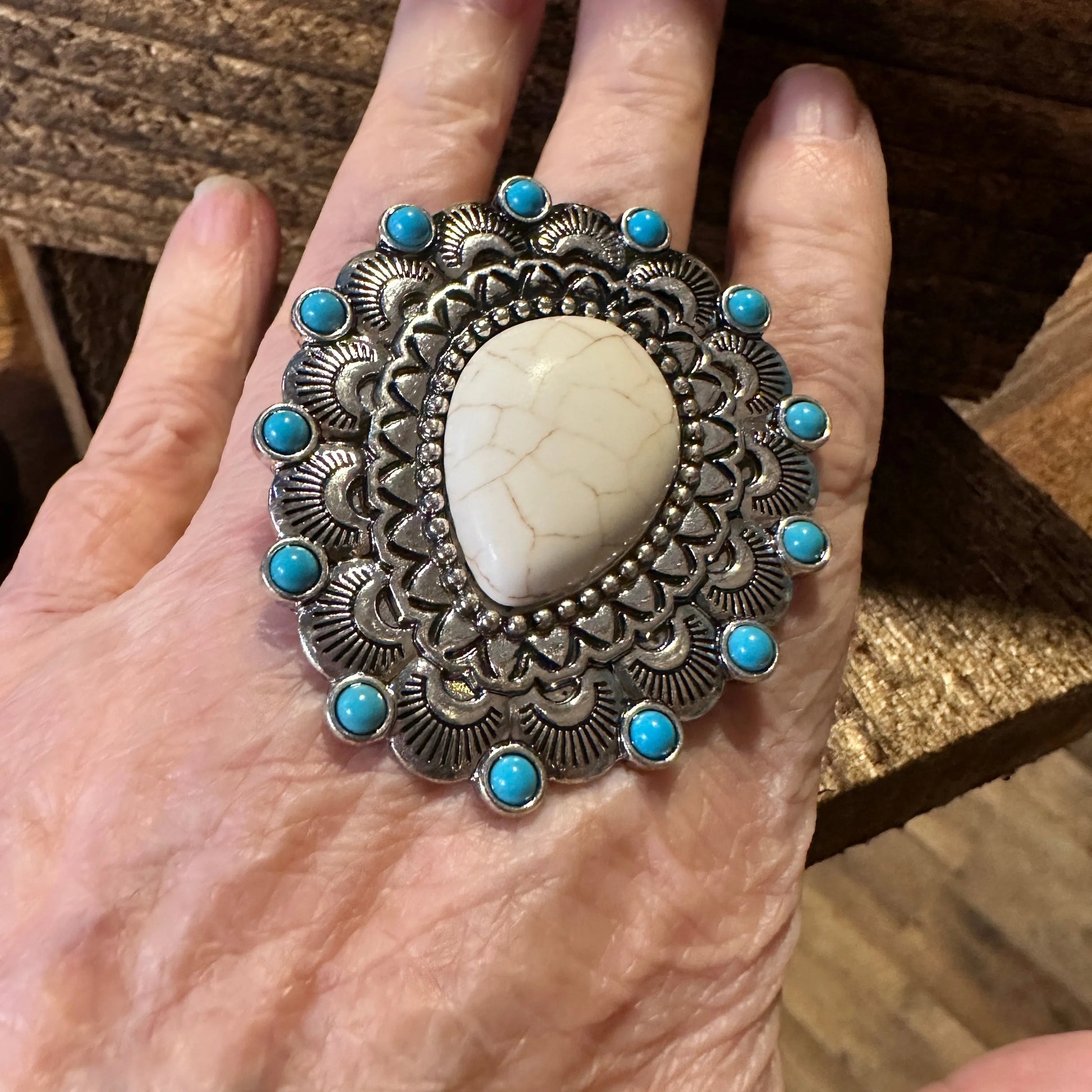 Western Boho Hippie Teardrop Stone Scalloped Concho Stretch Statement Ring, Gift BoxWestern Boho Hippie Teardrop Stone Scalloped Concho Stretch Statement Ring, Gift Box - Premium cuff rings from Silver Elegant - Just $18! Shop now at Silver Elegant