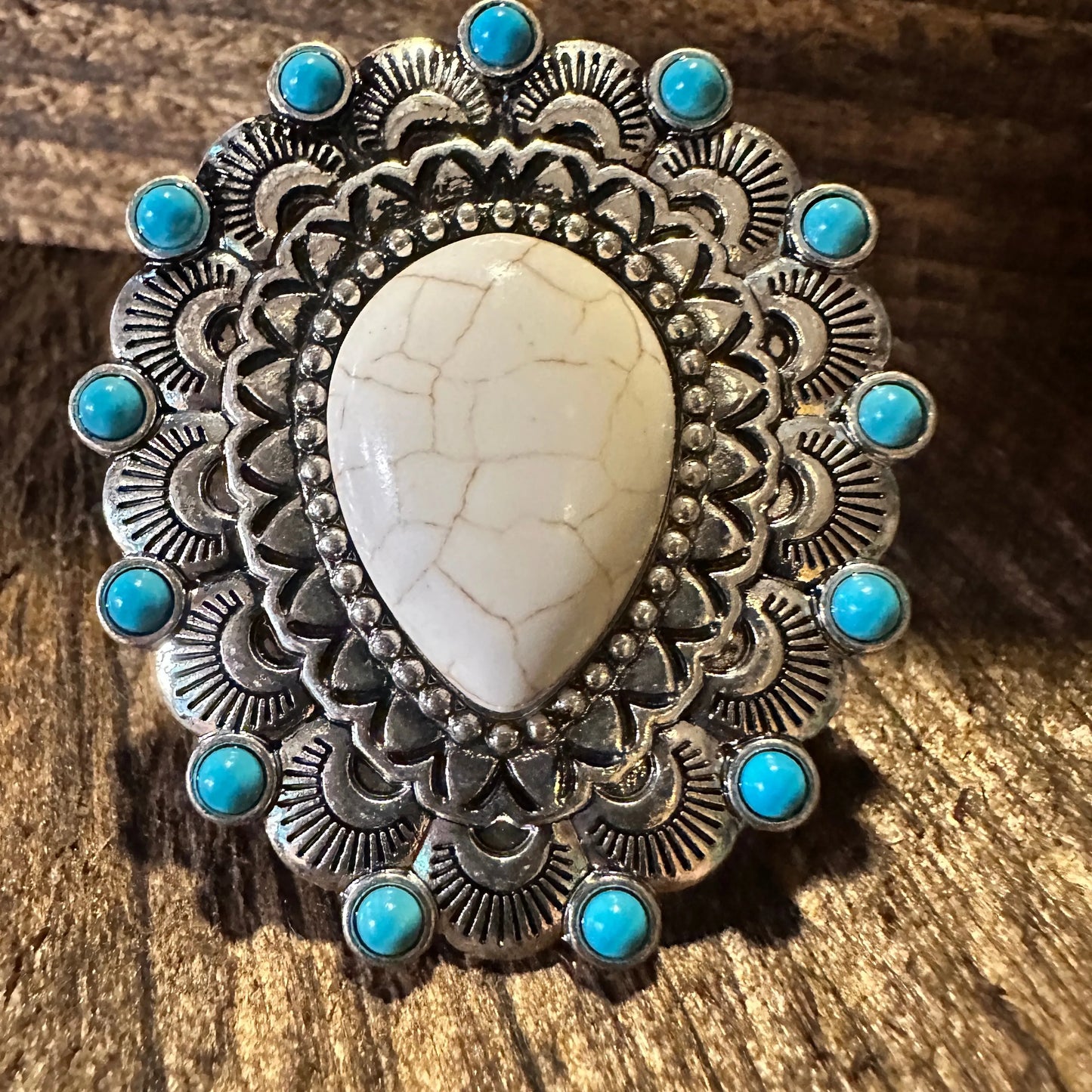 Western Boho Hippie Teardrop Stone Scalloped Concho Stretch Statement Ring, Gift BoxWestern Boho Hippie Teardrop Stone Scalloped Concho Stretch Statement Ring, Gift Box - Premium cuff rings from Silver Elegant - Just $18! Shop now at Silver Elegant