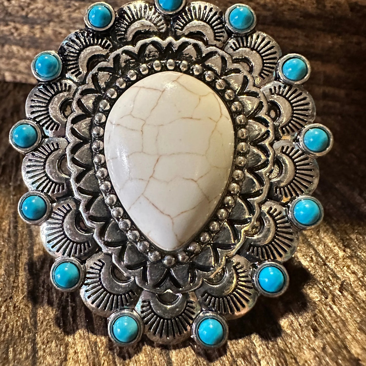 Western Boho Hippie Teardrop Stone Scalloped Concho Stretch Statement Ring, Gift BoxWestern Boho Hippie Teardrop Stone Scalloped Concho Stretch Statement Ring, Gift Box - Premium cuff rings from Silver Elegant - Just $18! Shop now at Silver Elegant