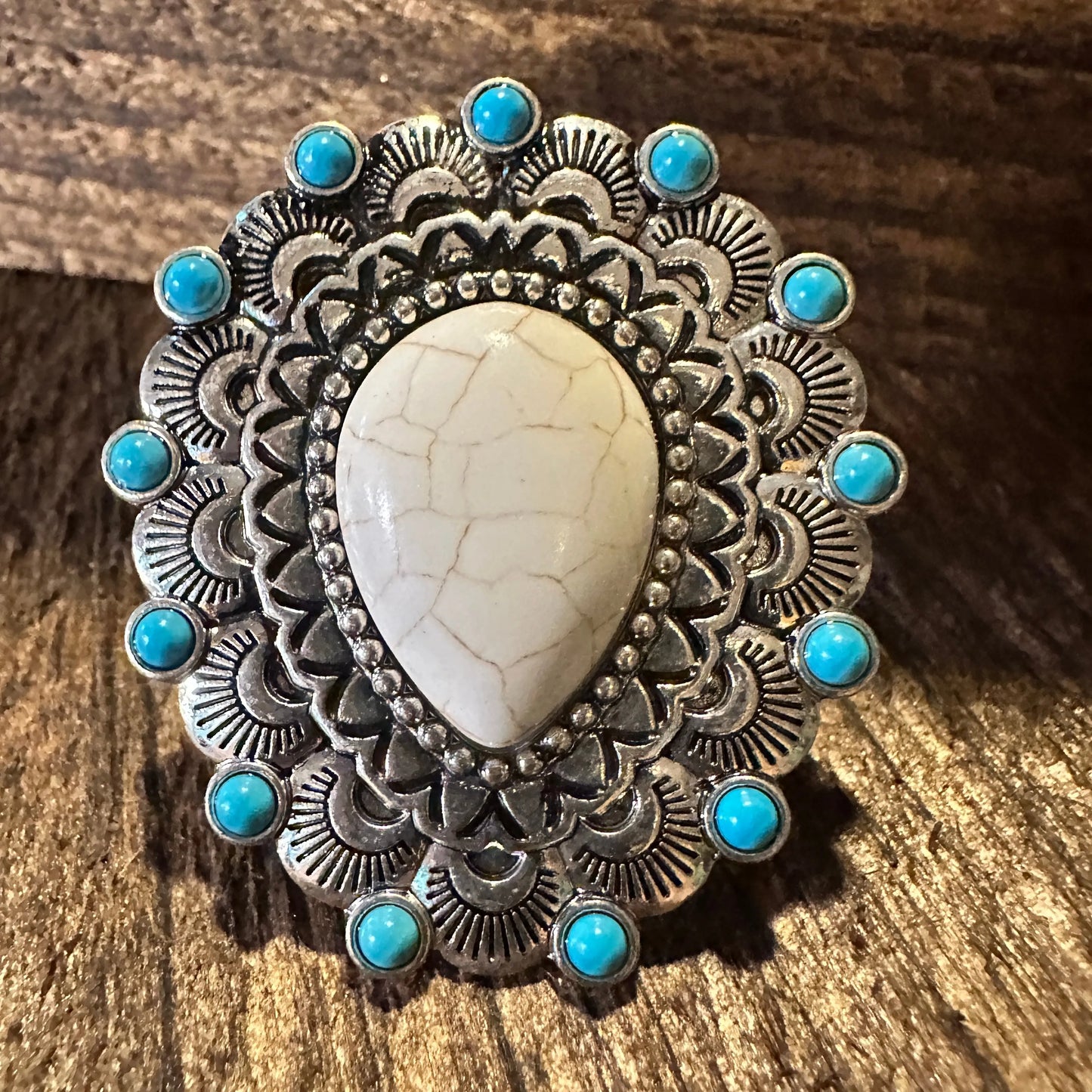 Western Boho Hippie Teardrop Stone Scalloped Concho Stretch Statement Ring, Gift BoxWestern Boho Hippie Teardrop Stone Scalloped Concho Stretch Statement Ring, Gift Box - Premium cuff rings from Silver Elegant - Just $18! Shop now at Silver Elegant