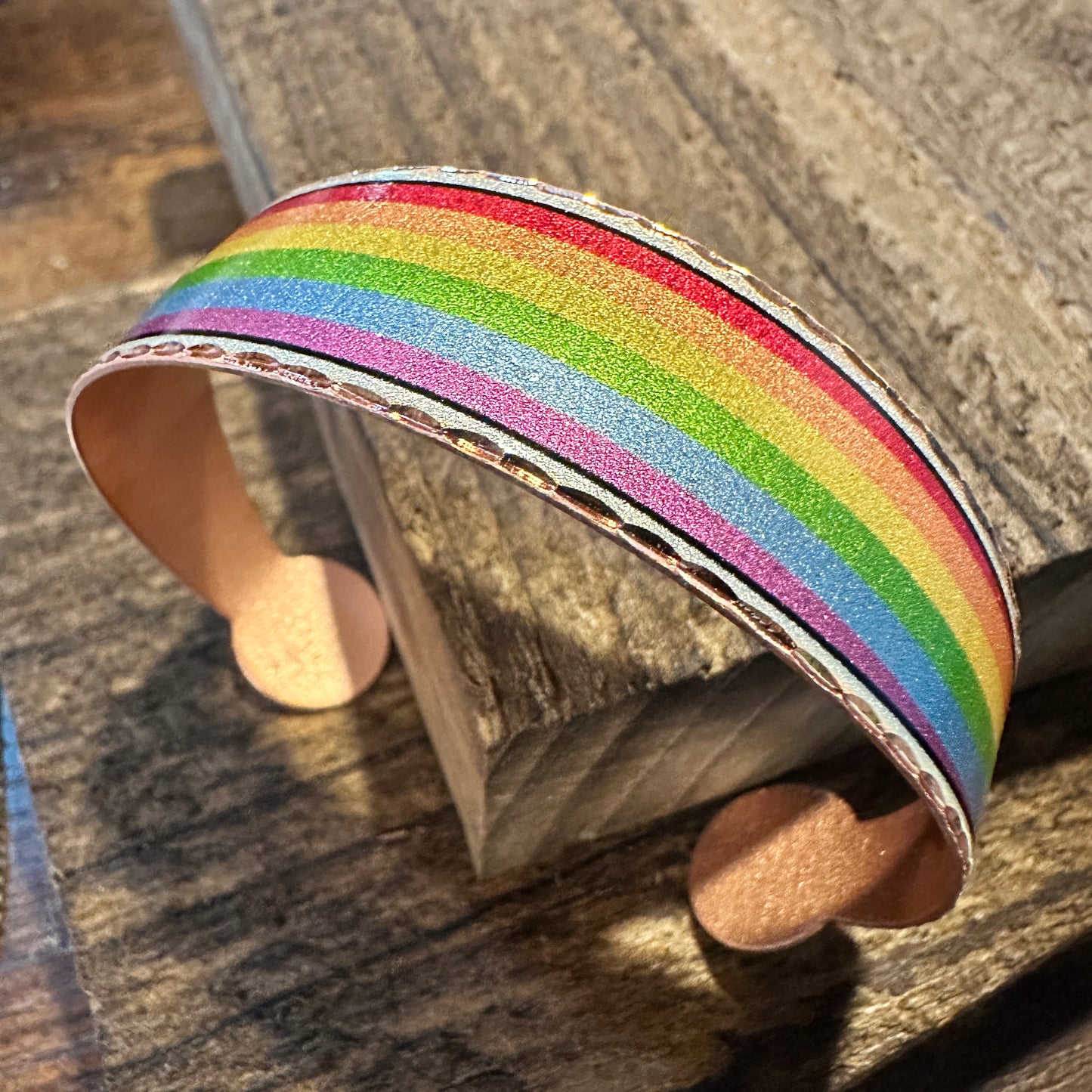 Handmade Boho Copper Wide Cuff Bracelet, Diamond Cut Rainbow Pride Design, Gift BoxHandmade Boho Copper Wide Cuff Bracelet, Diamond Cut Rainbow Pride Design, Gift Box - Premium boho bracelet from COPPER ARTS INC. - Just $32! Shop now at Silver Elegant