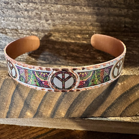 Handmade Boho Copper Narrow Cuff Bracelet, Diamond Cut Hippie Peace Design, Gift Box - Silver Elegant
