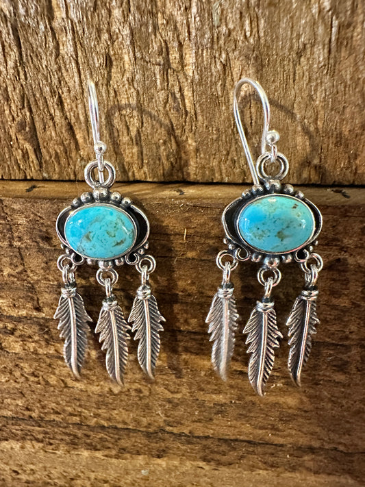 Navajo Sterling Silver & Turquoise Feather Dangle Earrings in Gift Box - Silver Elegant