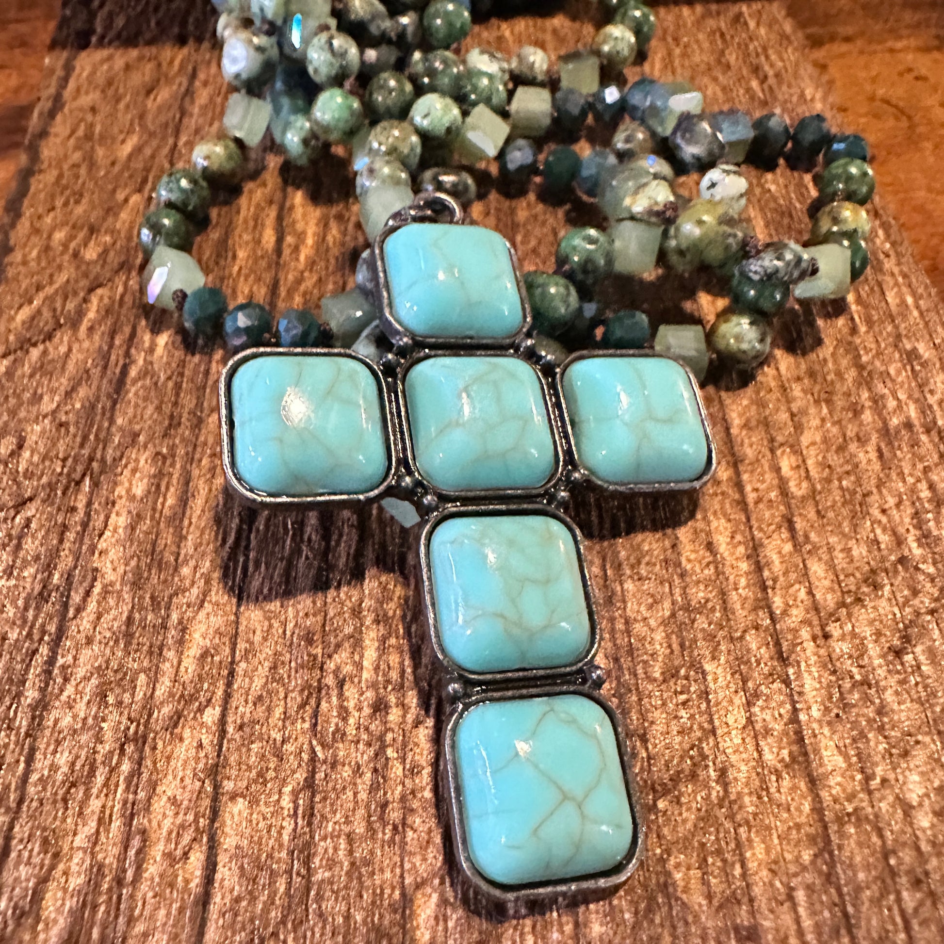 Bohemian Style Boho Turquoise Natural Green & Blue Stone Glass Knot Necklace, Square Cross Pendant, Gift BoxBohemian Style Boho Turquoise Natural Green & Blue Stone Glass Knot Necklace, Square Cross Pendant, Gift Box - Premium Pendant Necklace from Silver Elegant - Just $29! Shop now at Silver Elegant